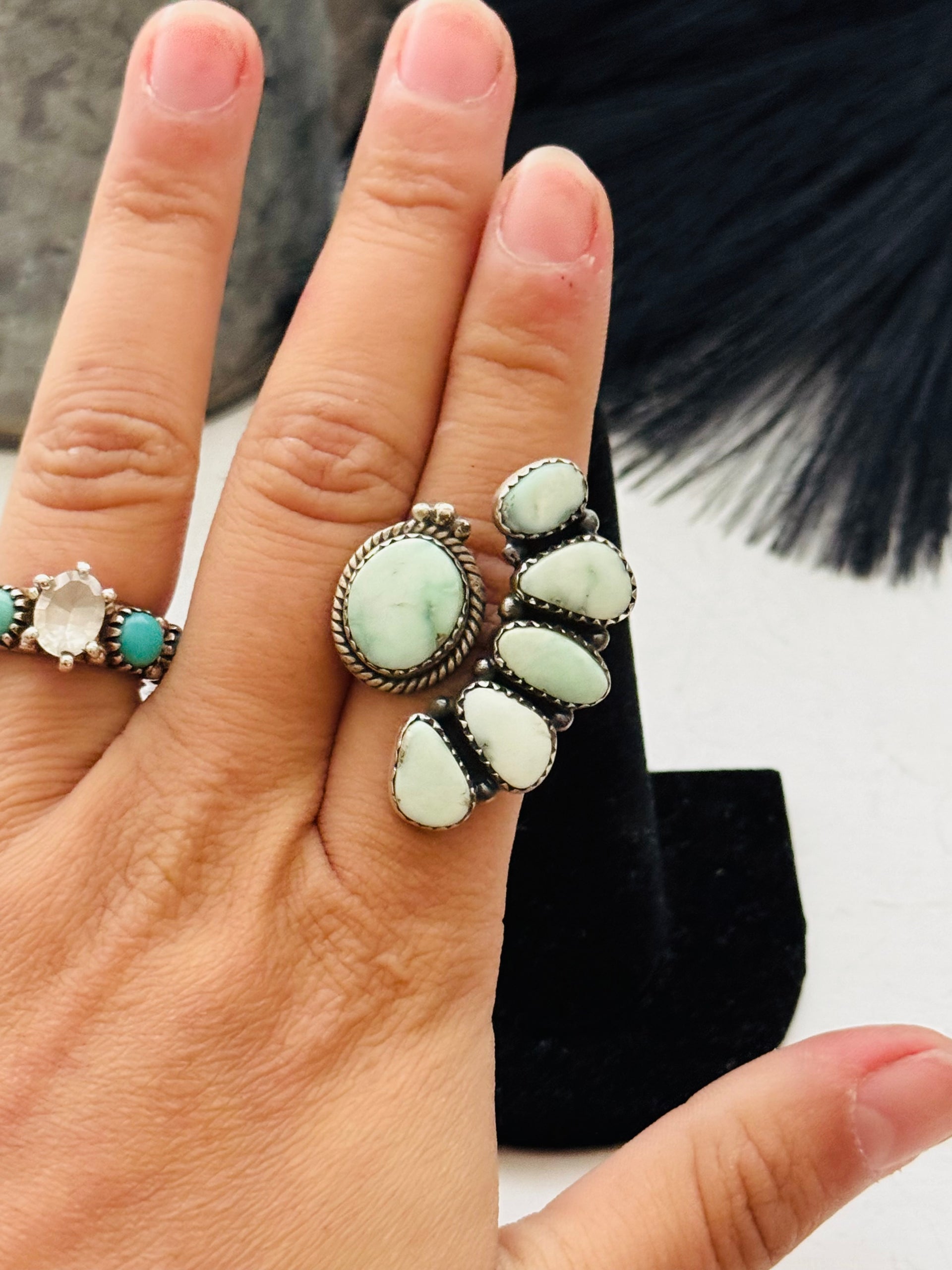 Southwest Handmade Paloma Variscite & Sterling Silver Adjustable Cluster Ring