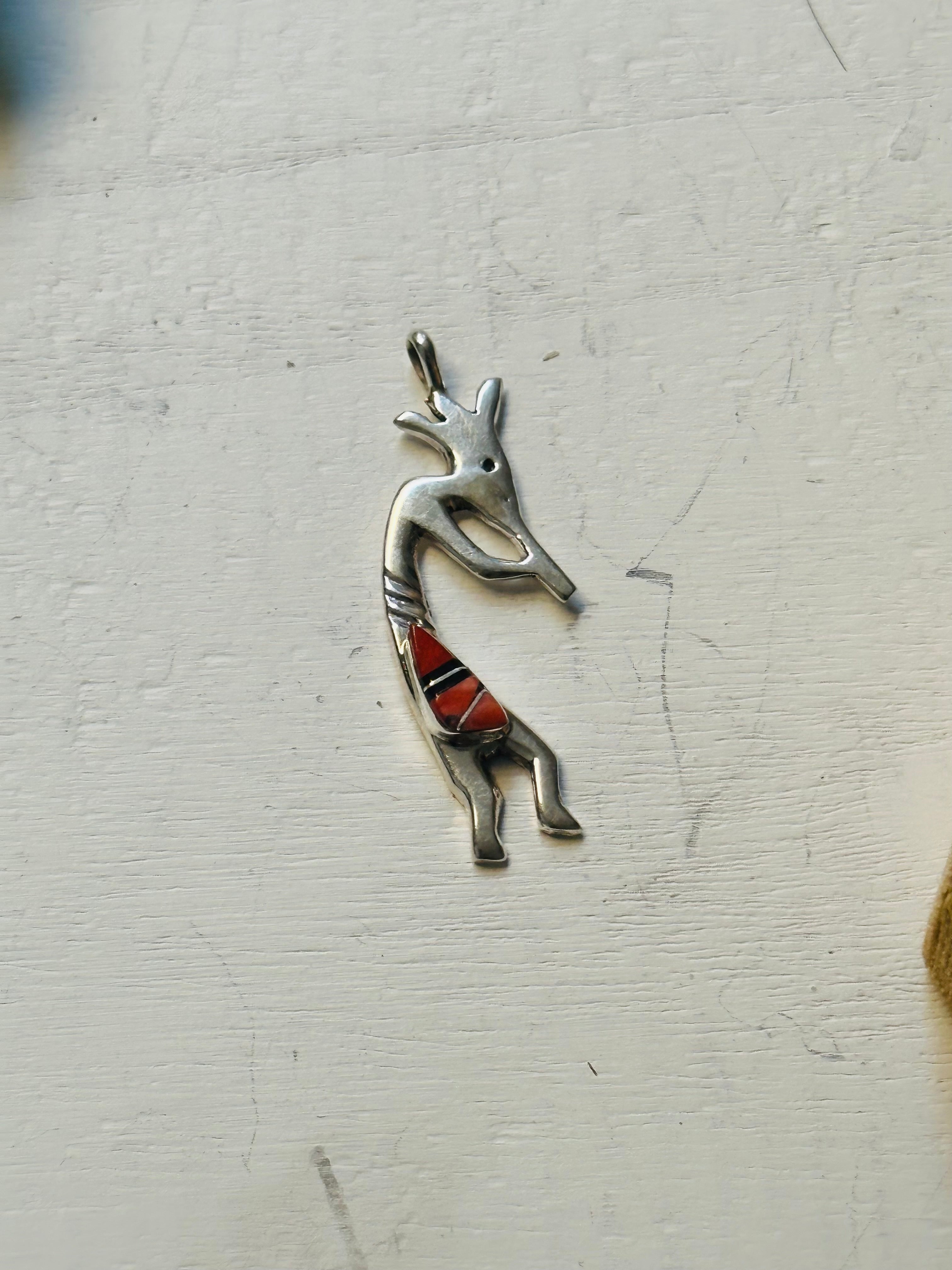 Joseph Martinez Multi Stone & Sterling Silver Inlay Kokopelli Pendant