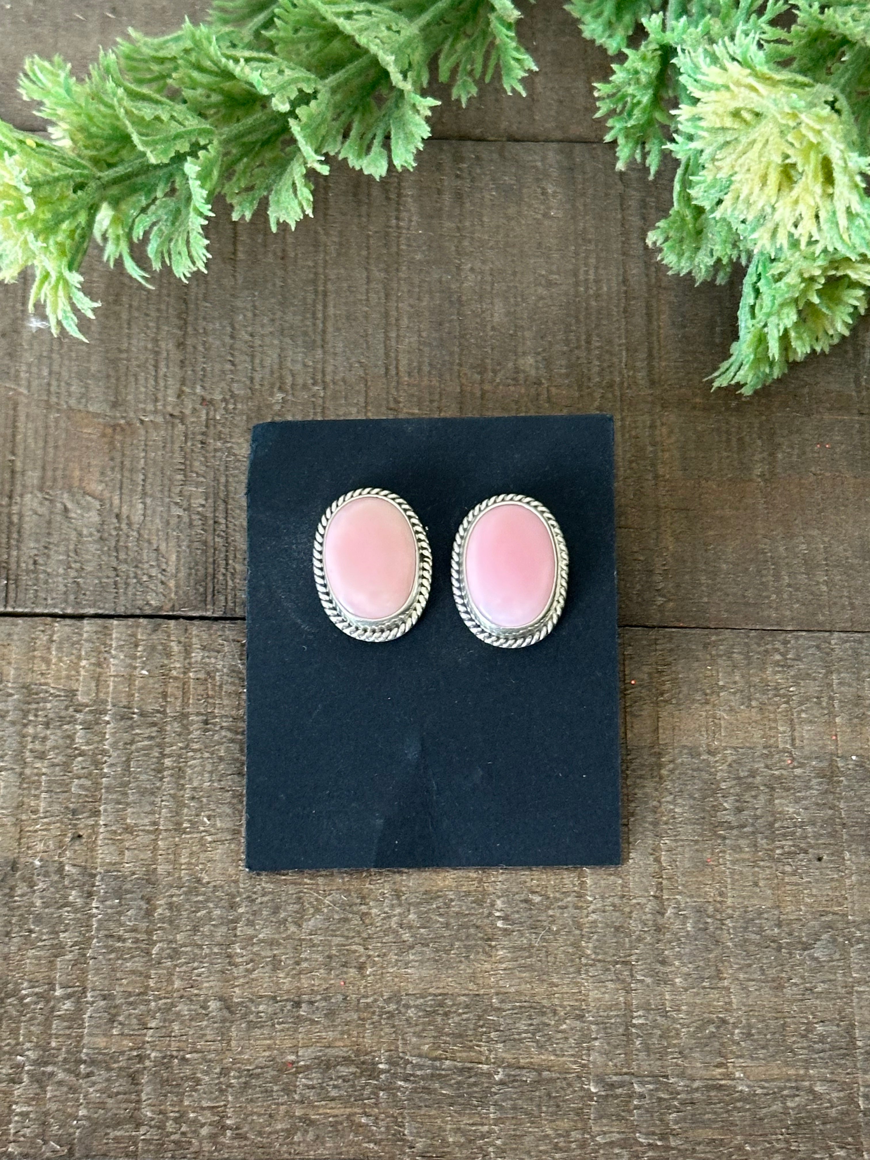 Navajo Handmade Pink Conch & Sterling Silver Post Earrings