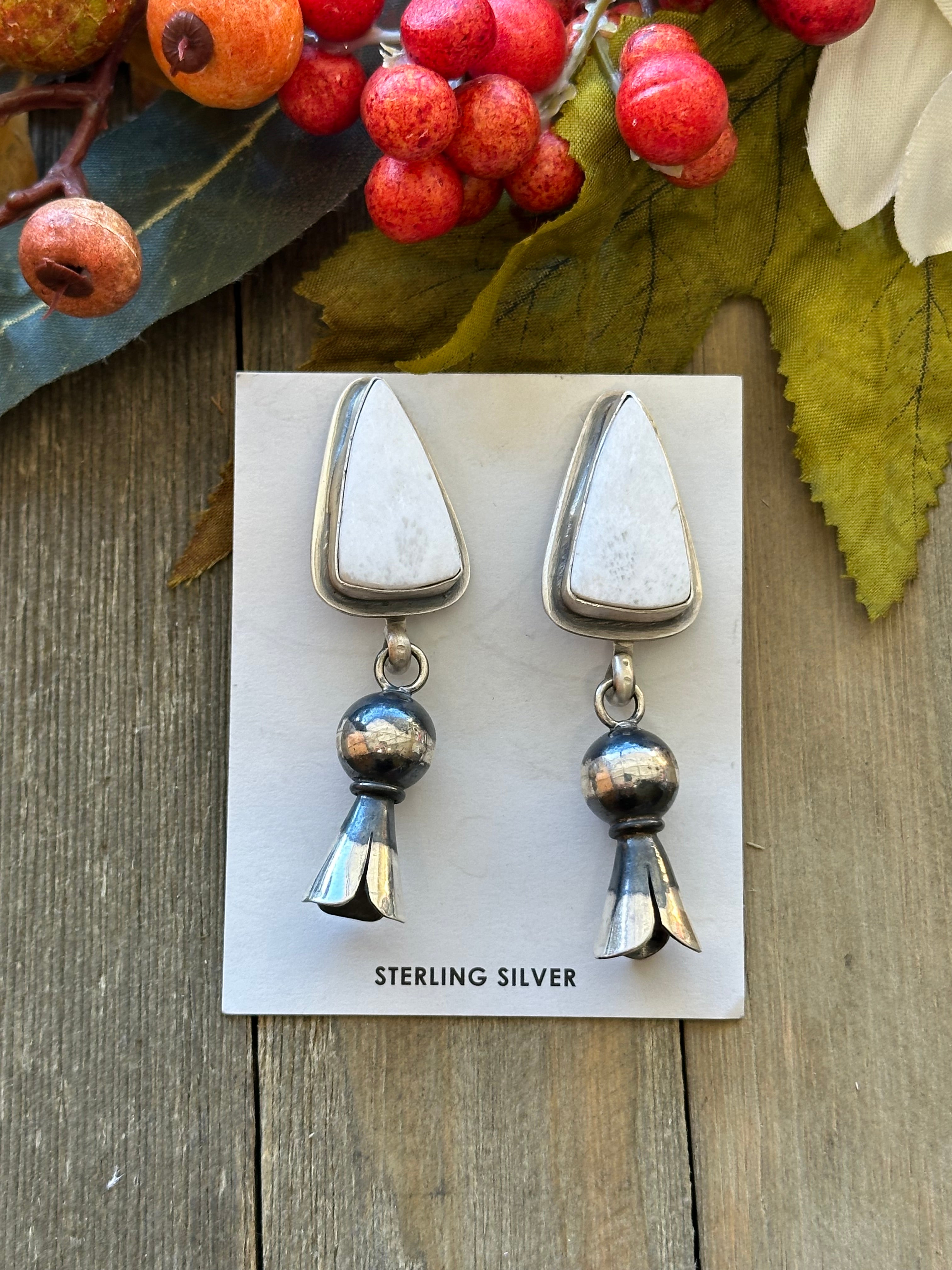 Tony Yazzie White Buffalo & Sterling Silver Post Dangle Earrings