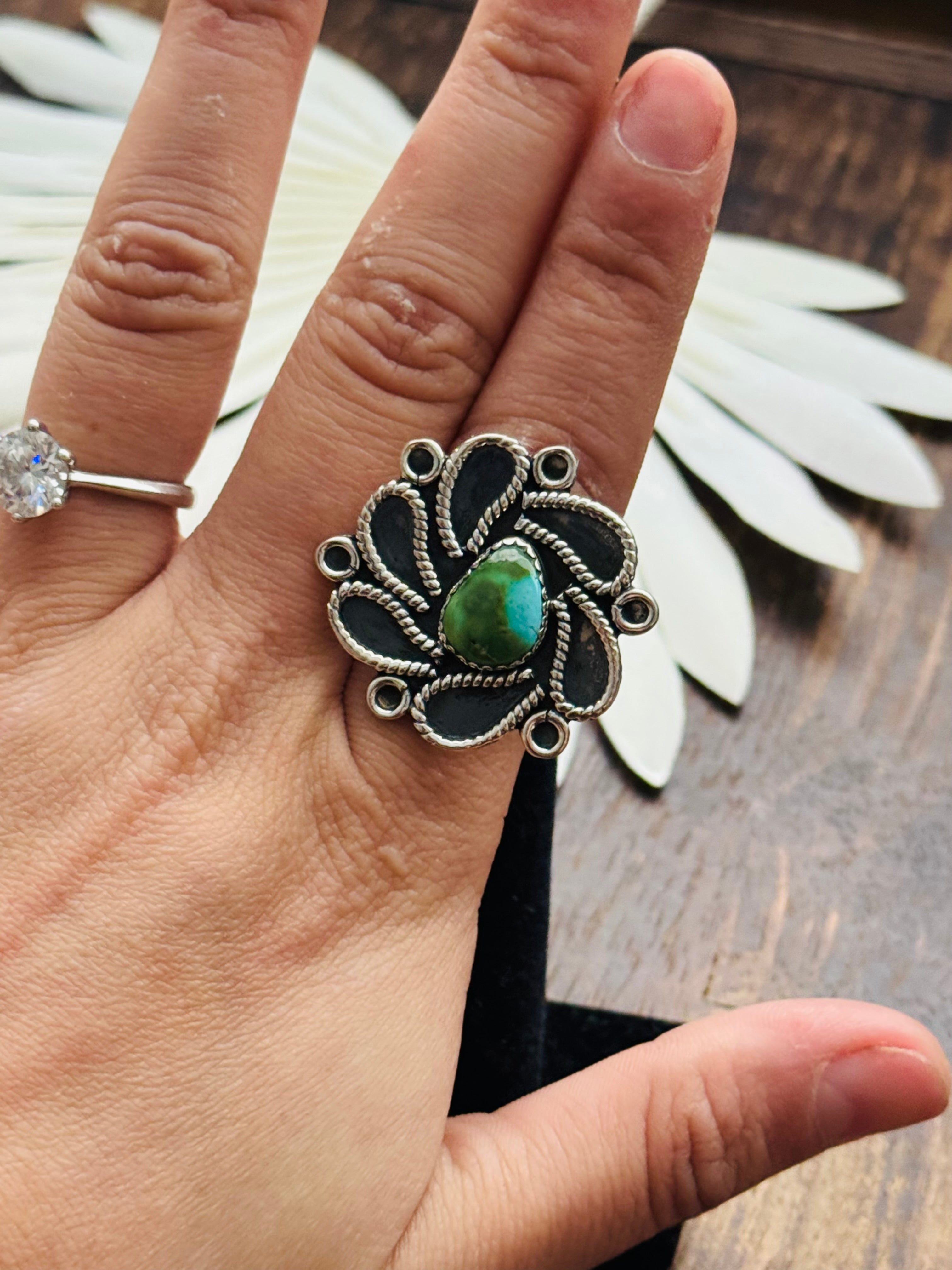 Southwest Handmade Sonoran Mountain Turquoise & Sterling Silver Adjustable Cluster Ring