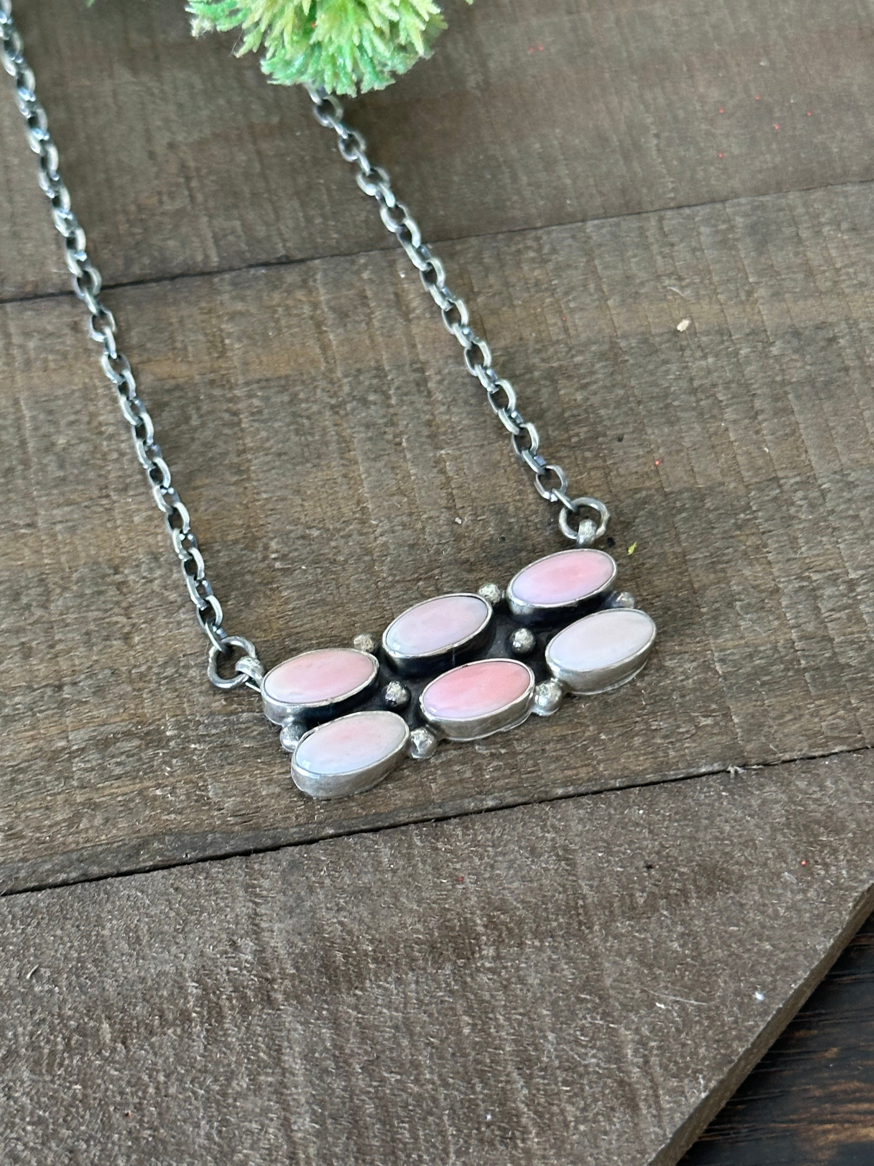 Jon Begay Pink Conch & Sterling Silver Bar Cluster Necklace