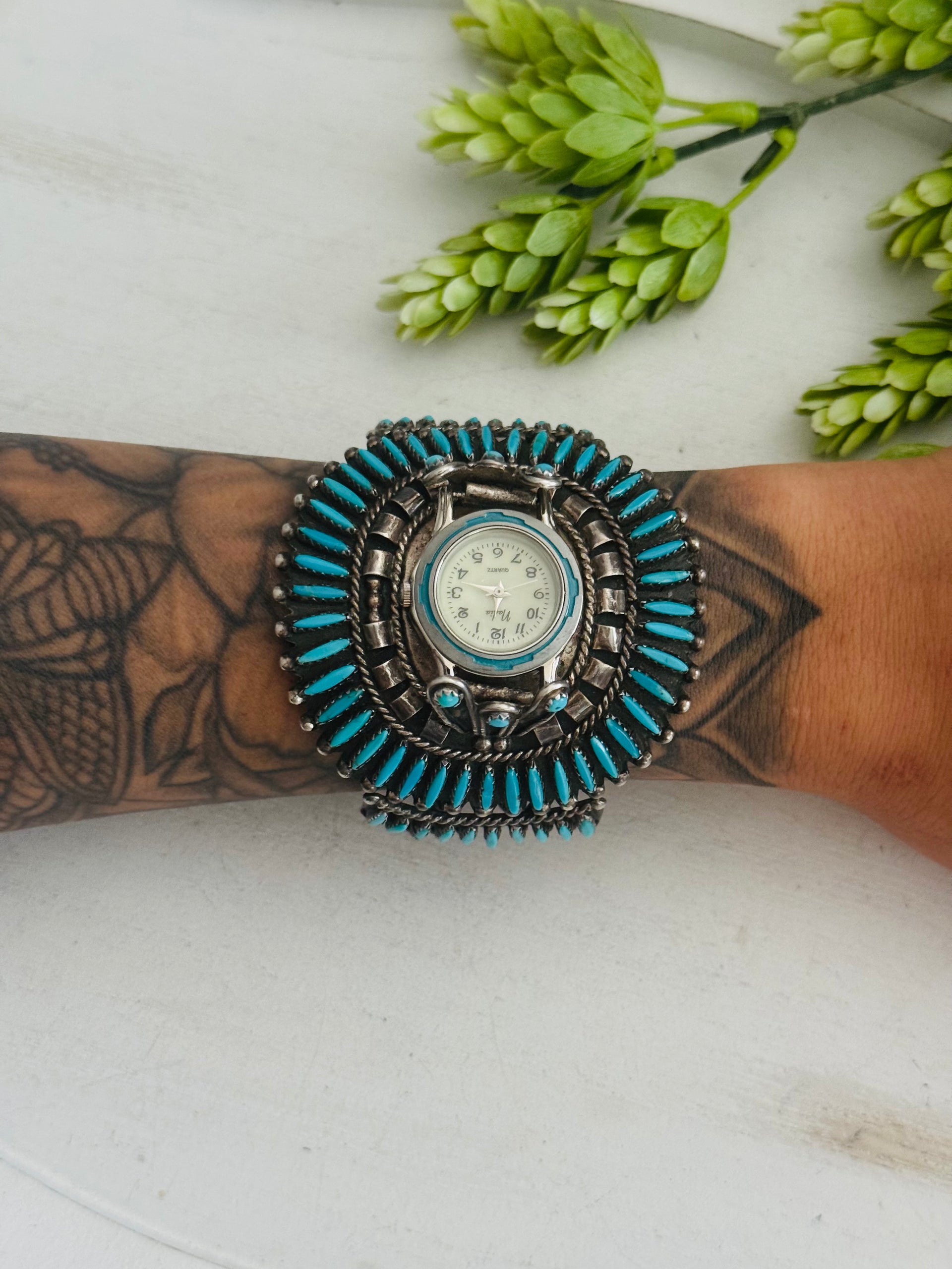 Vintage Zuni Made Kingman Turquoise & Sterling Silver Cluster Watch Cuff Bracelet