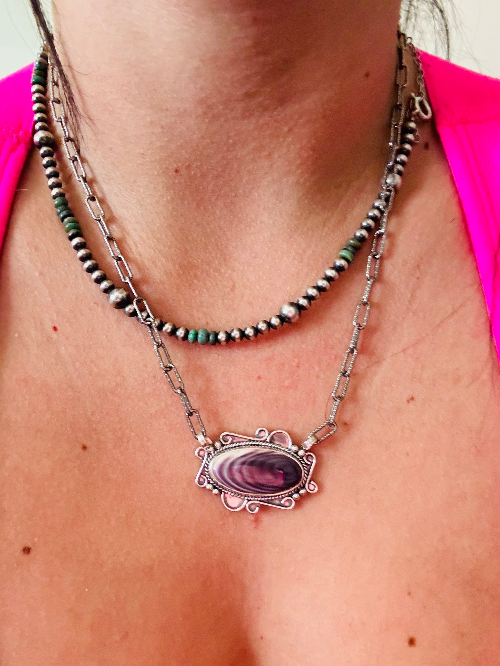 Southwest Made Wampun Shell & Sterling Silver Necklace