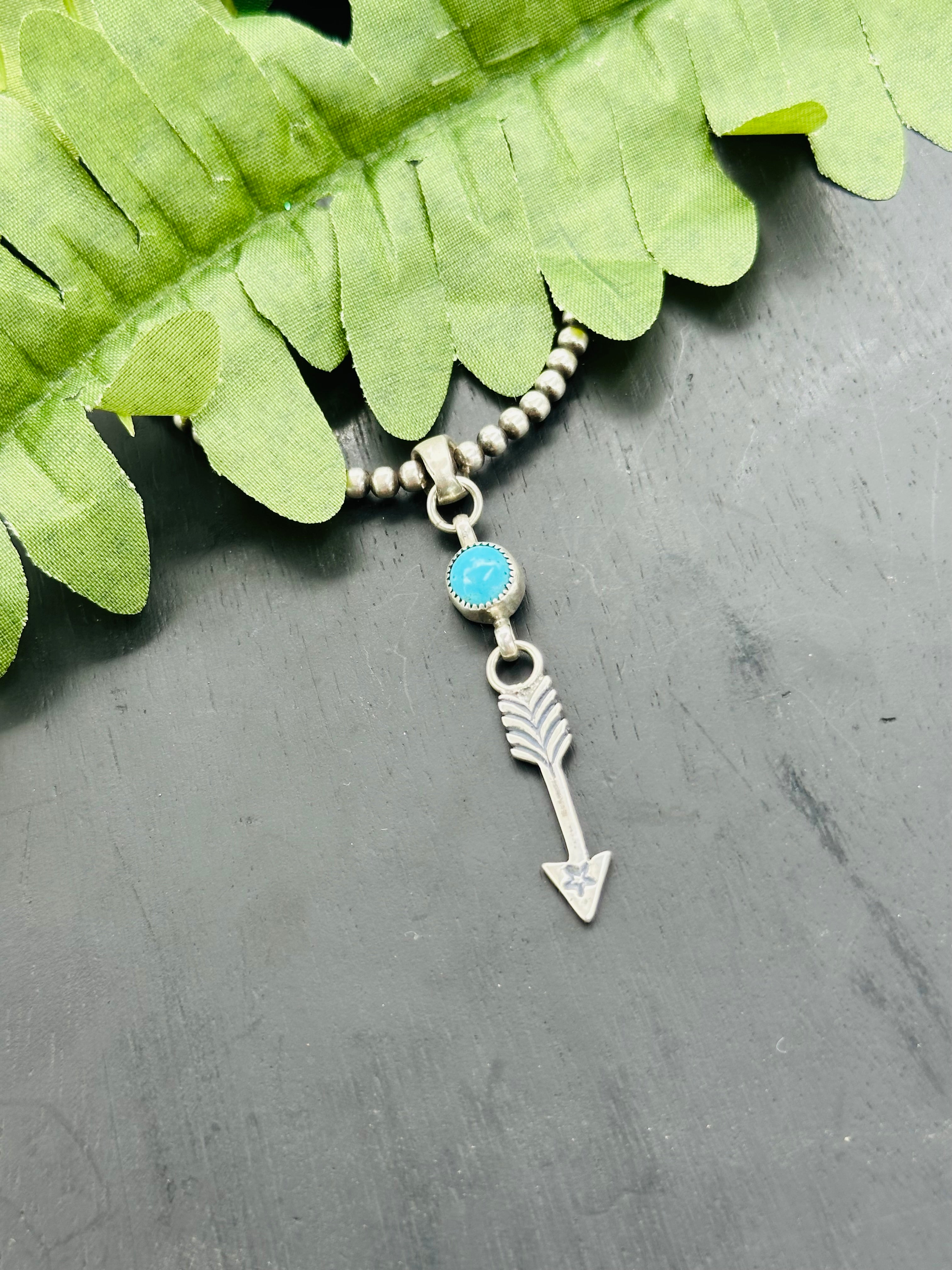 Navajo Handmade Kingman Turquoise & Sterling Silver Arrow Pendant