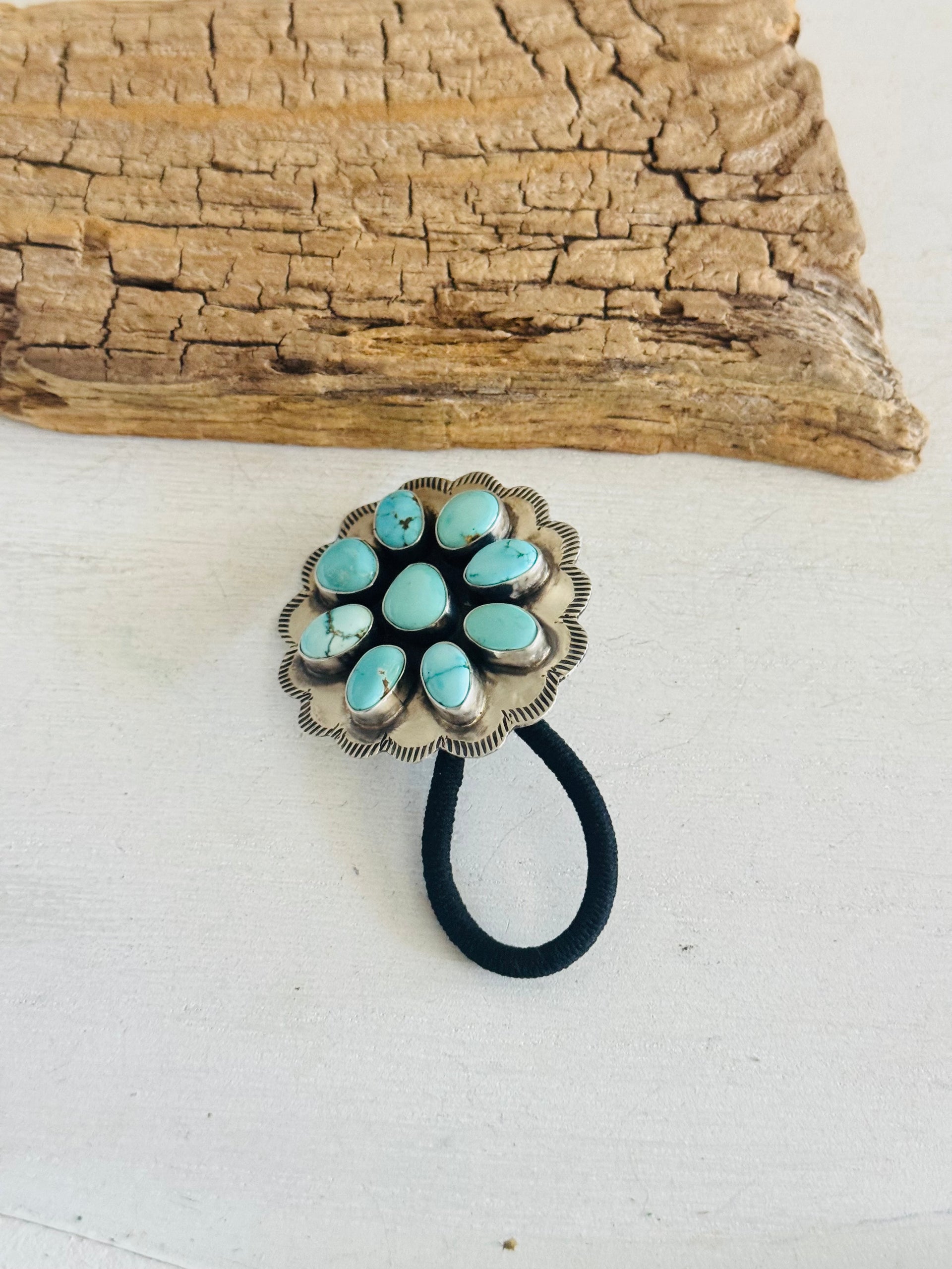 Danny Henio Royston Turquoise & Sterling Silver Concho Ponytail Holder