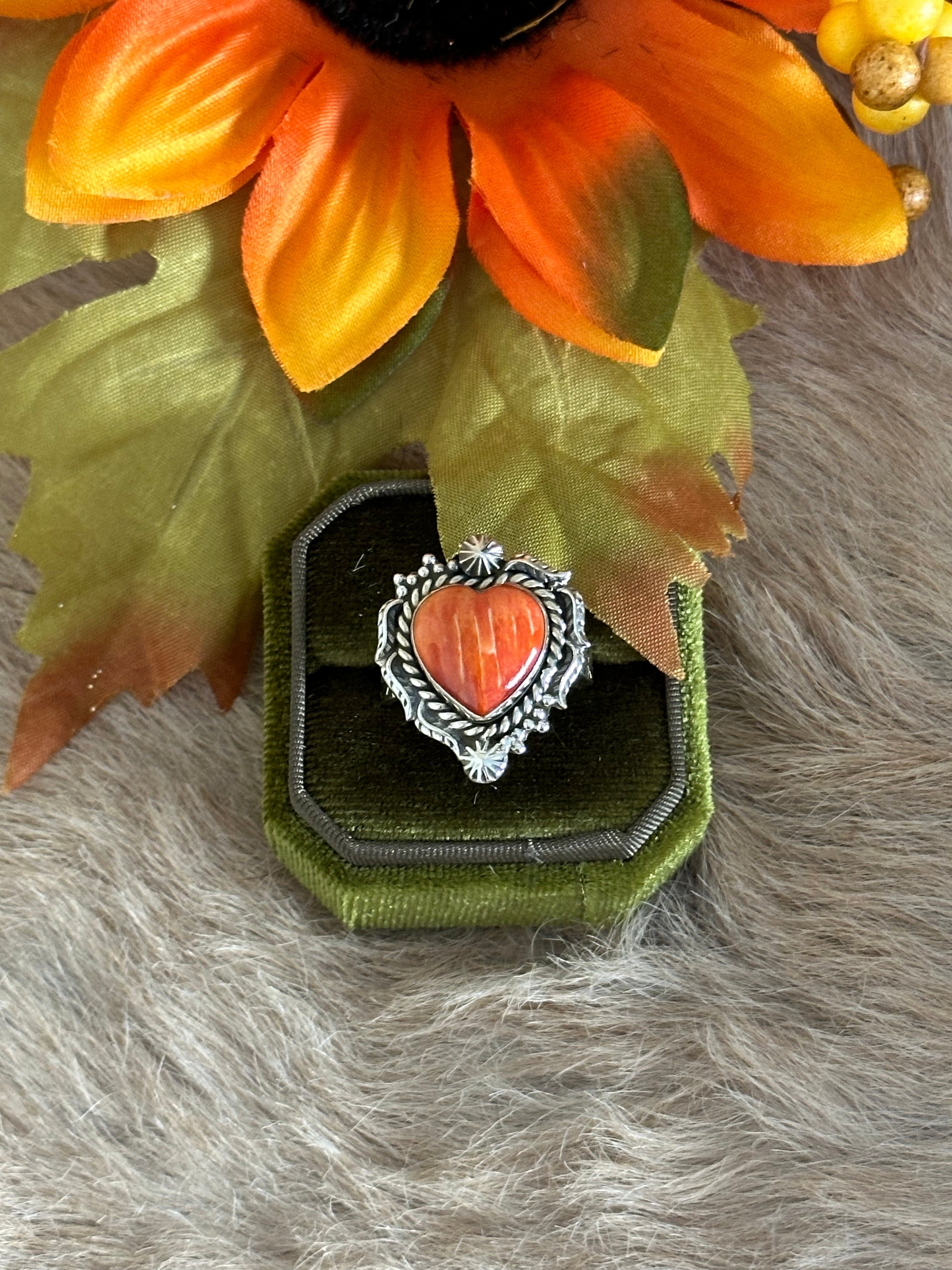 Southwest Handmade Spiny Oyster & Sterling Silver Adjustable Heart Ring