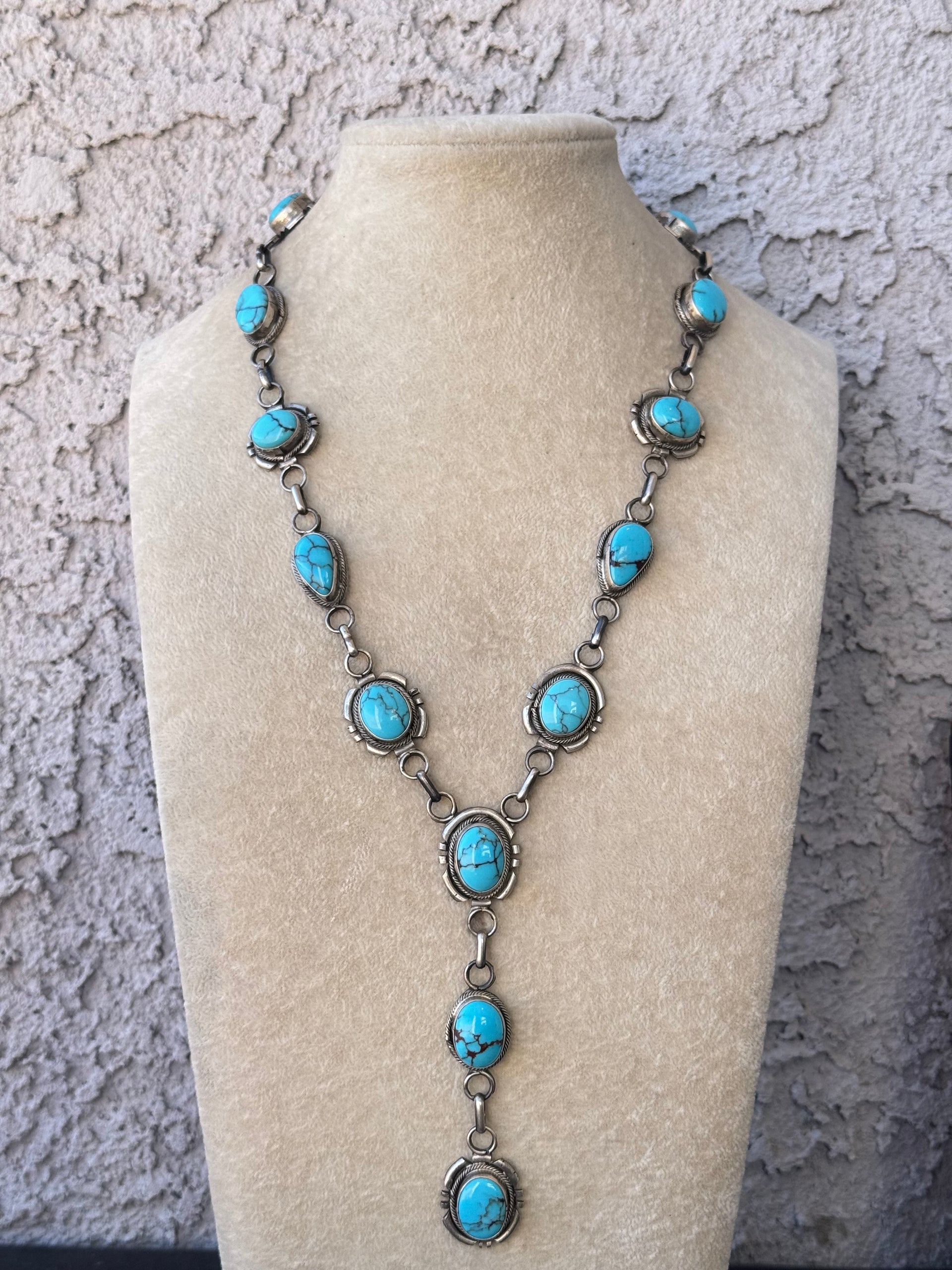 Navajo Made Egyptian Prince Turquoise & Sterling Silver Lariat Necklace Set
