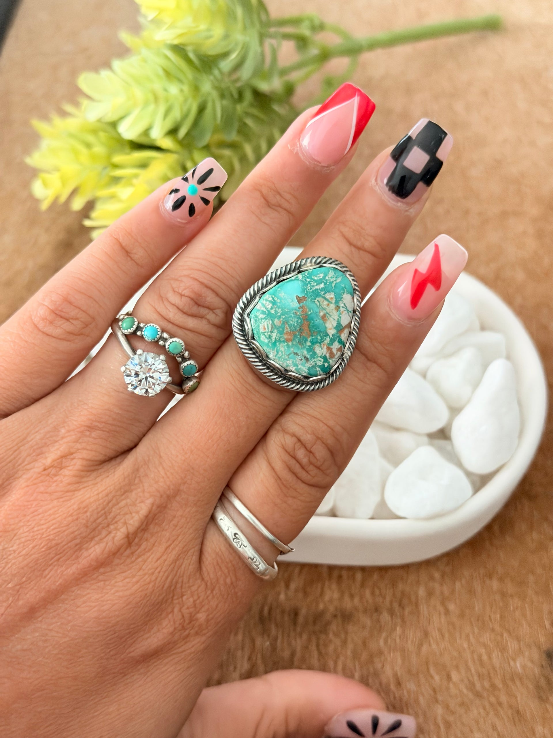 David Benally Carico Lake Turquoise & Sterling Silver Ring Size 6.5