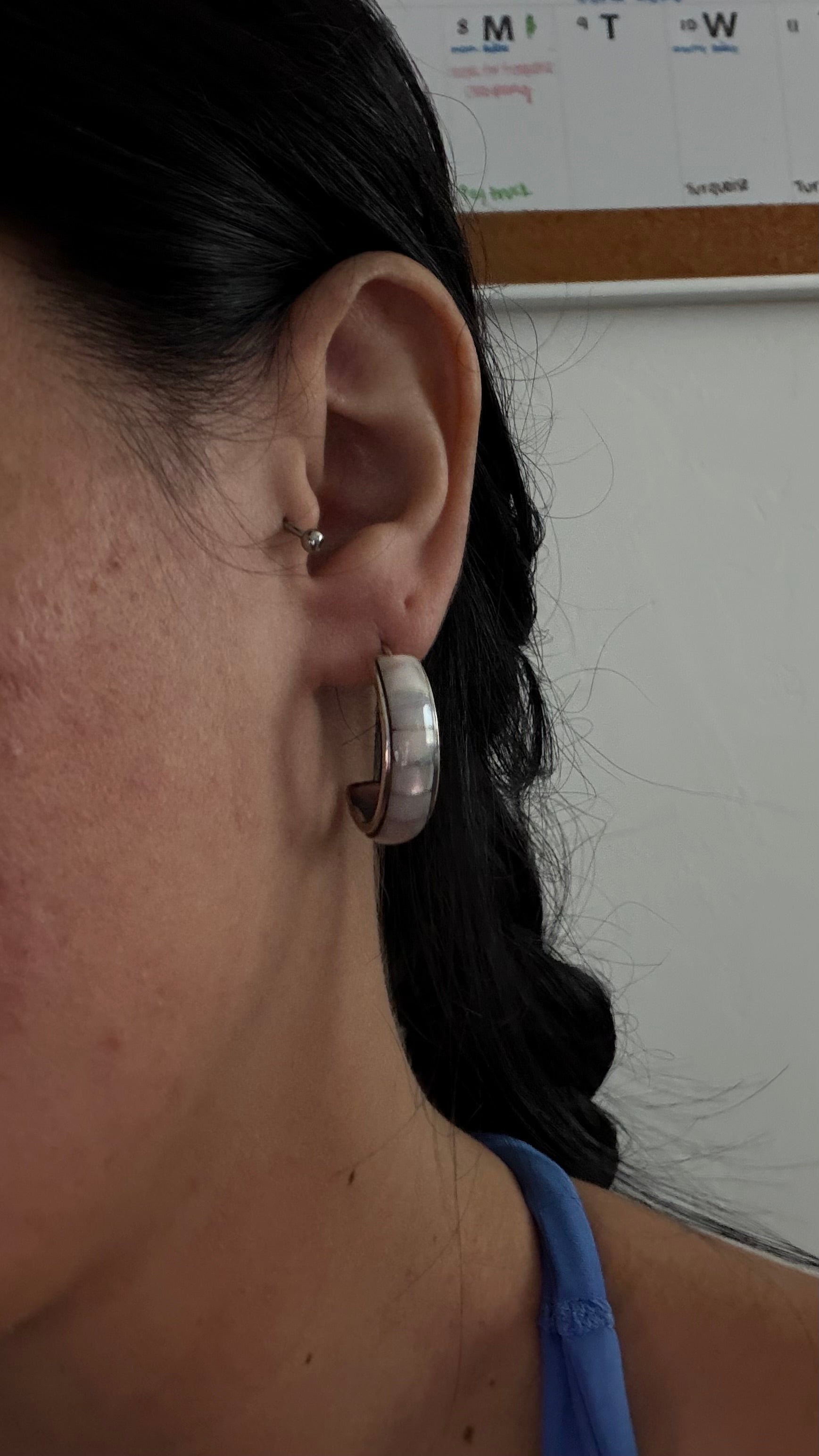 OLD PAWN Navajo Made Mother of Pearl & Sterling Silver Post Hoop Inlay Earrings