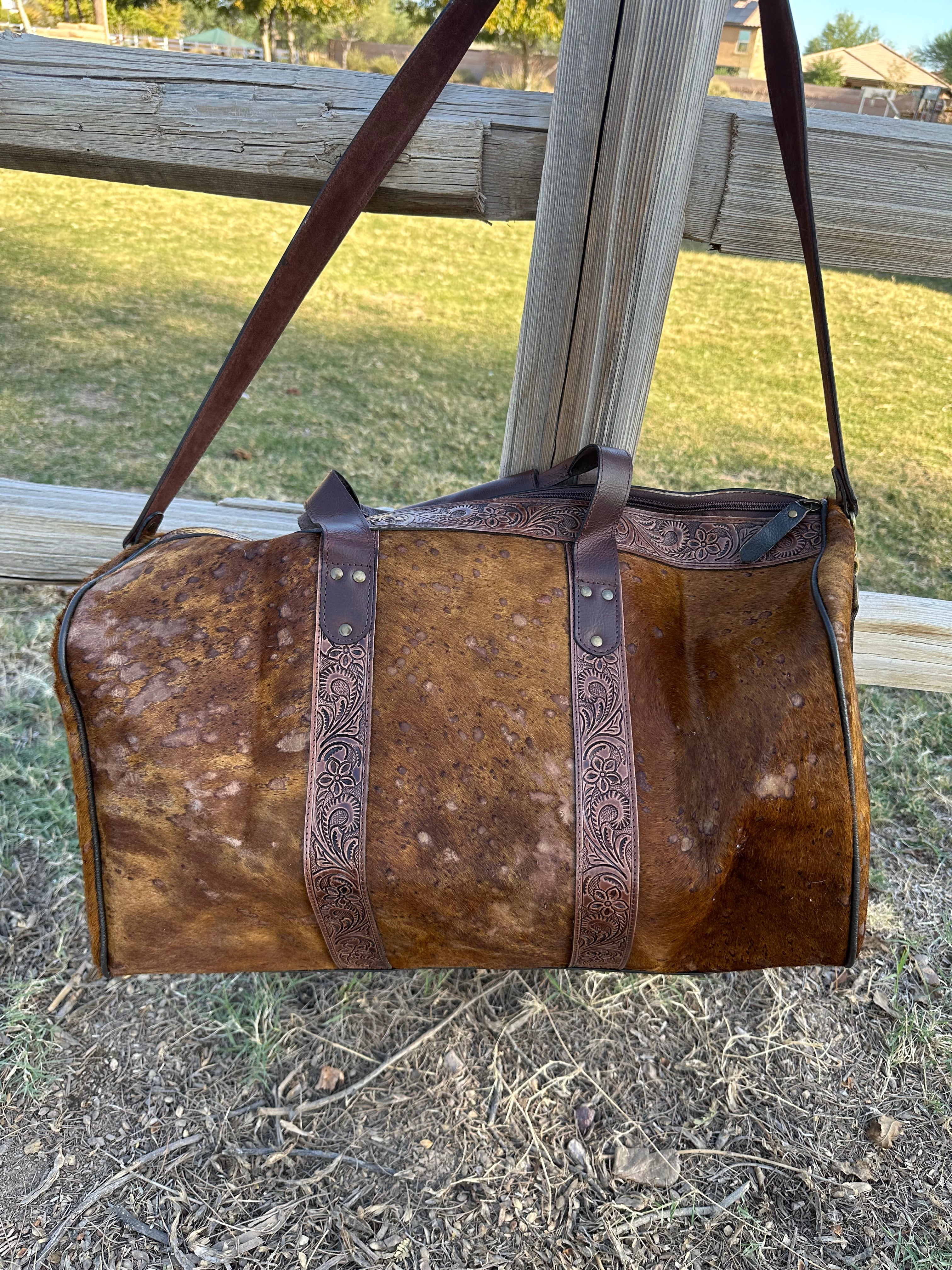 Genuine Tooled Leather Cowhide Duffle Bag