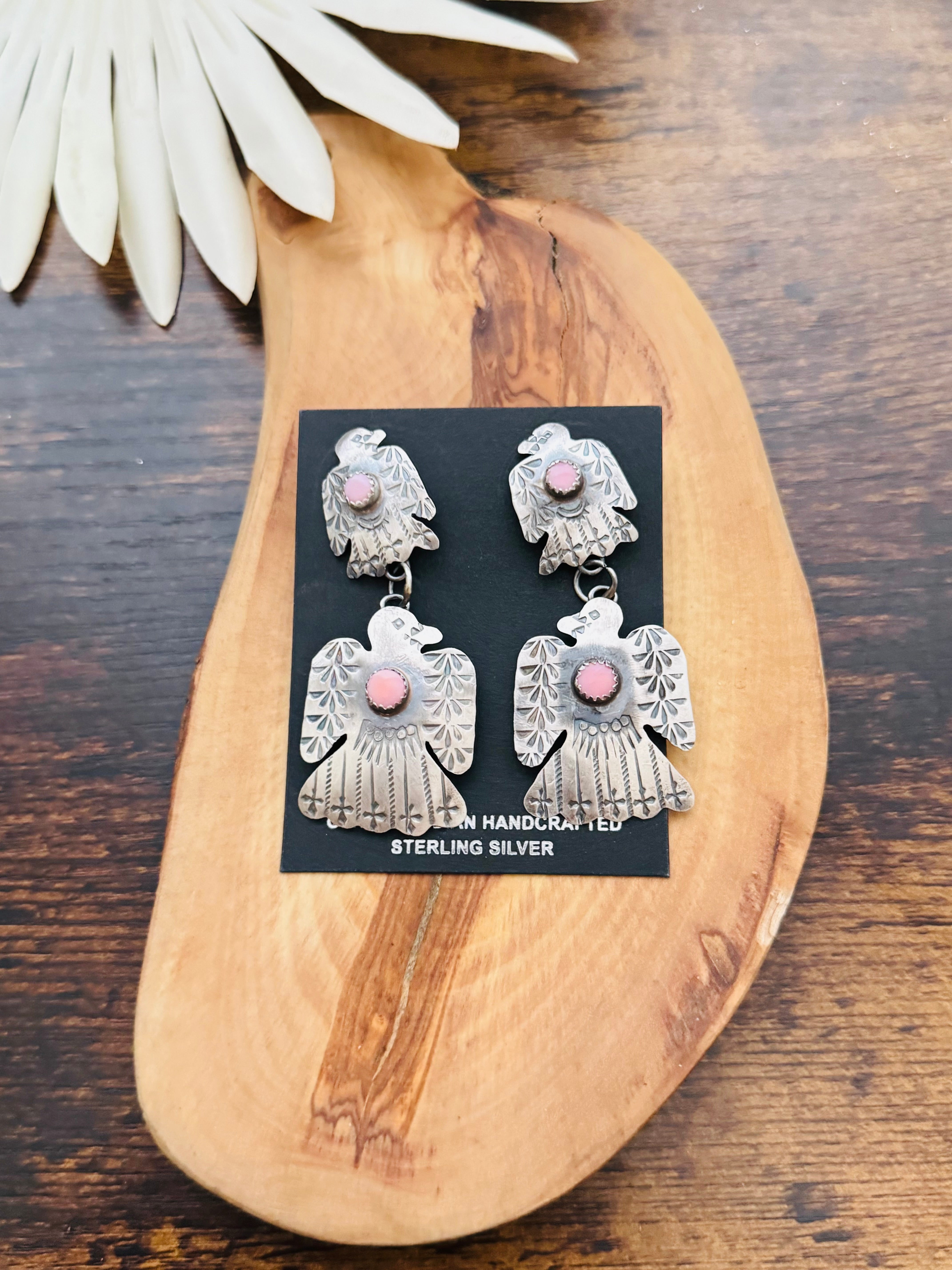 Tonya Yazzie Pink Conch & Sterling Silver Thunderbird Post Dangle Earrings