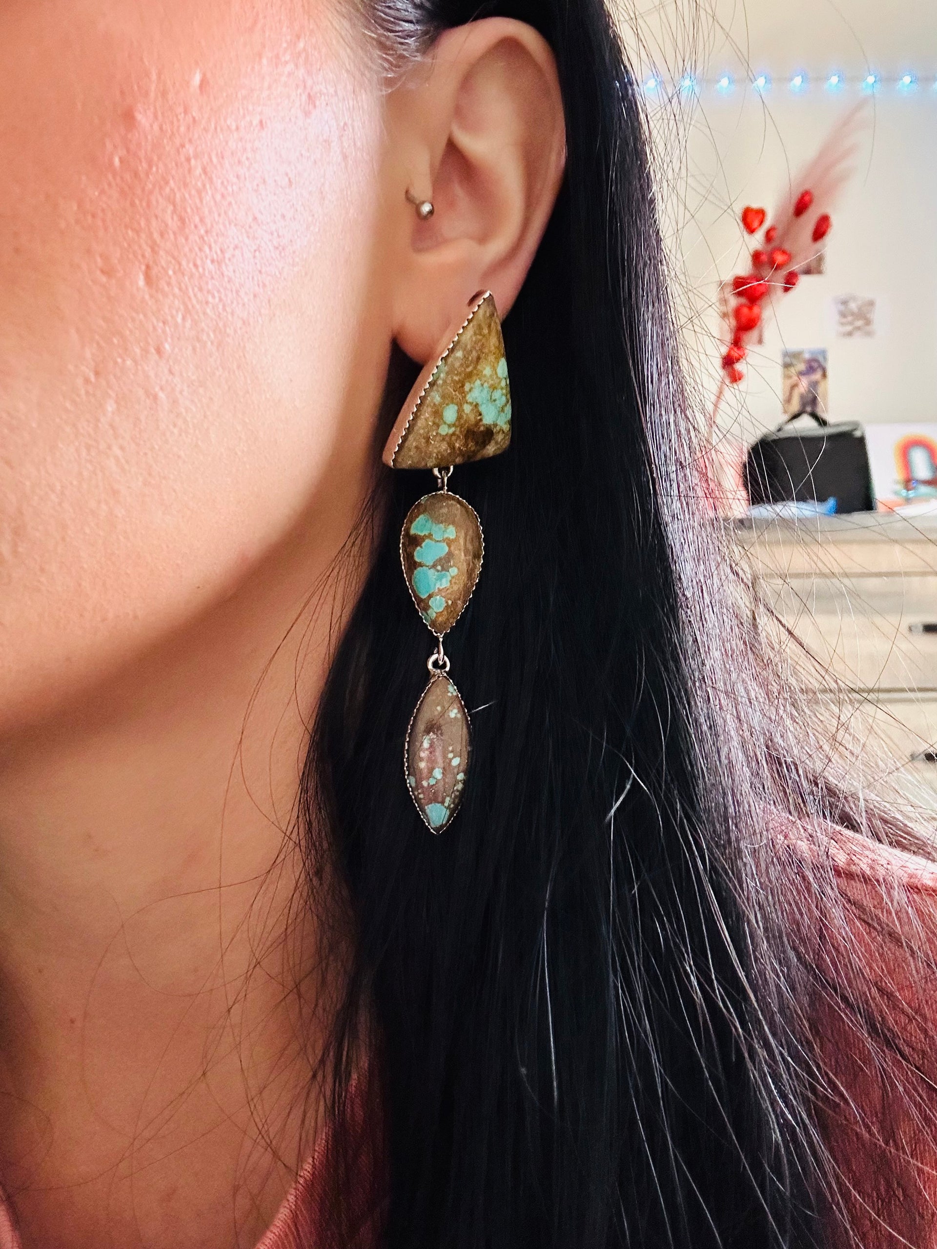 Southwest Made Number 8 Turquoise & Sterling Silver Post Dangle Earrings