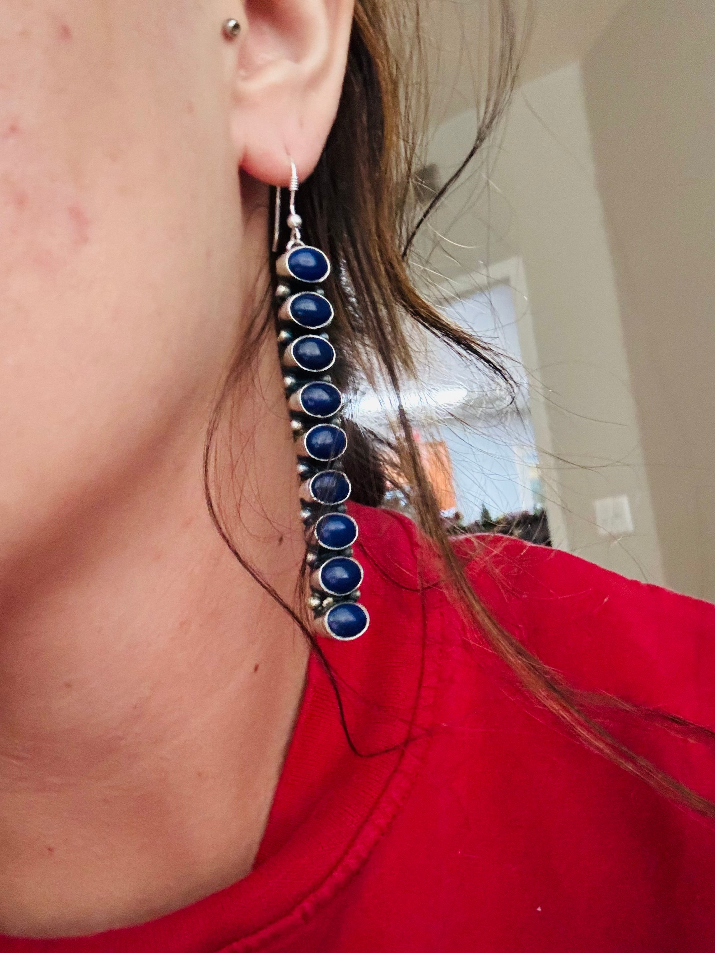 Navajo Made Lapis & Sterling Silver Dangle Earrings