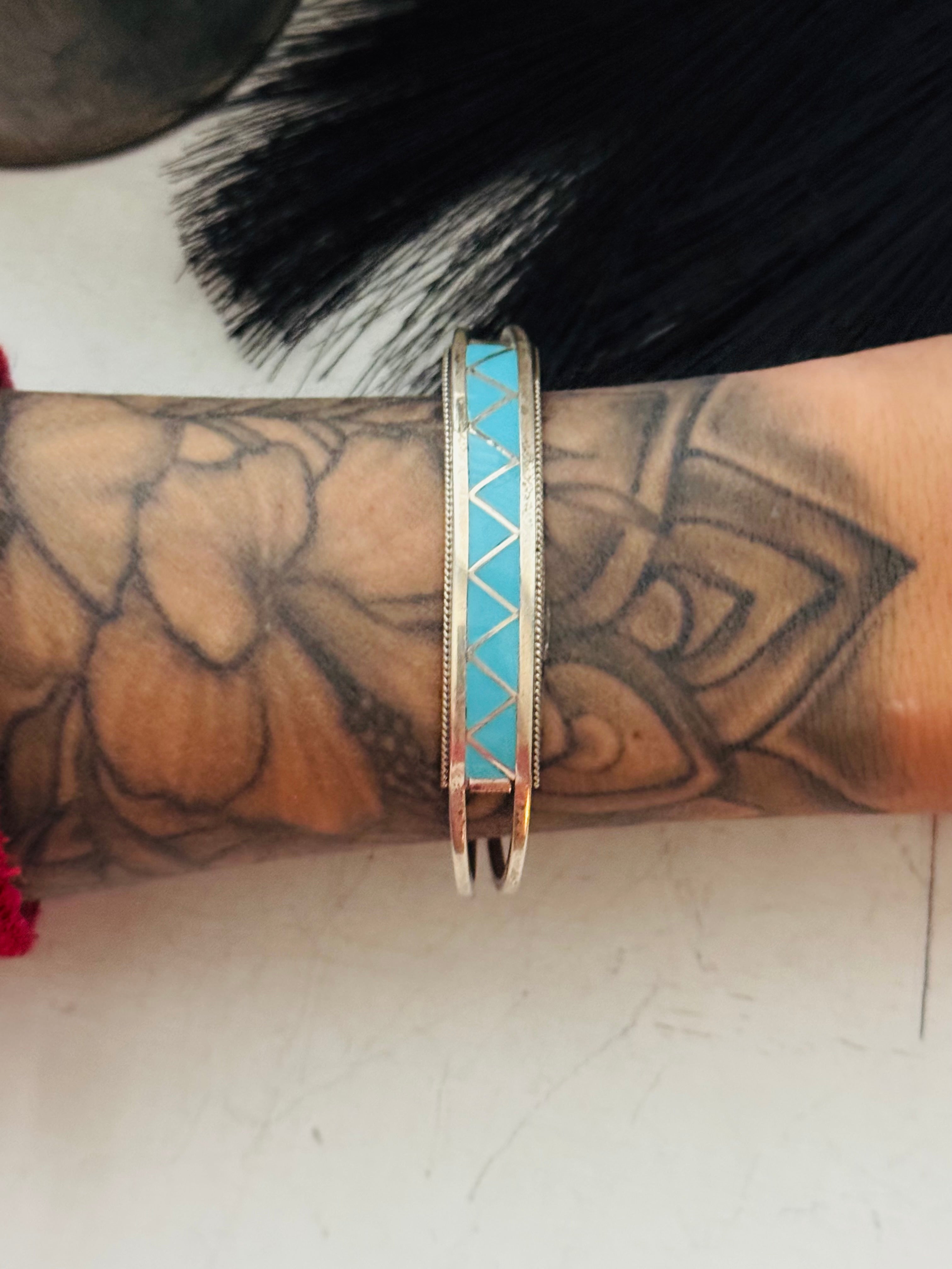 Zuni Made Kingman Turquoise & Sterling Silver Inlay Cuff Bracelet