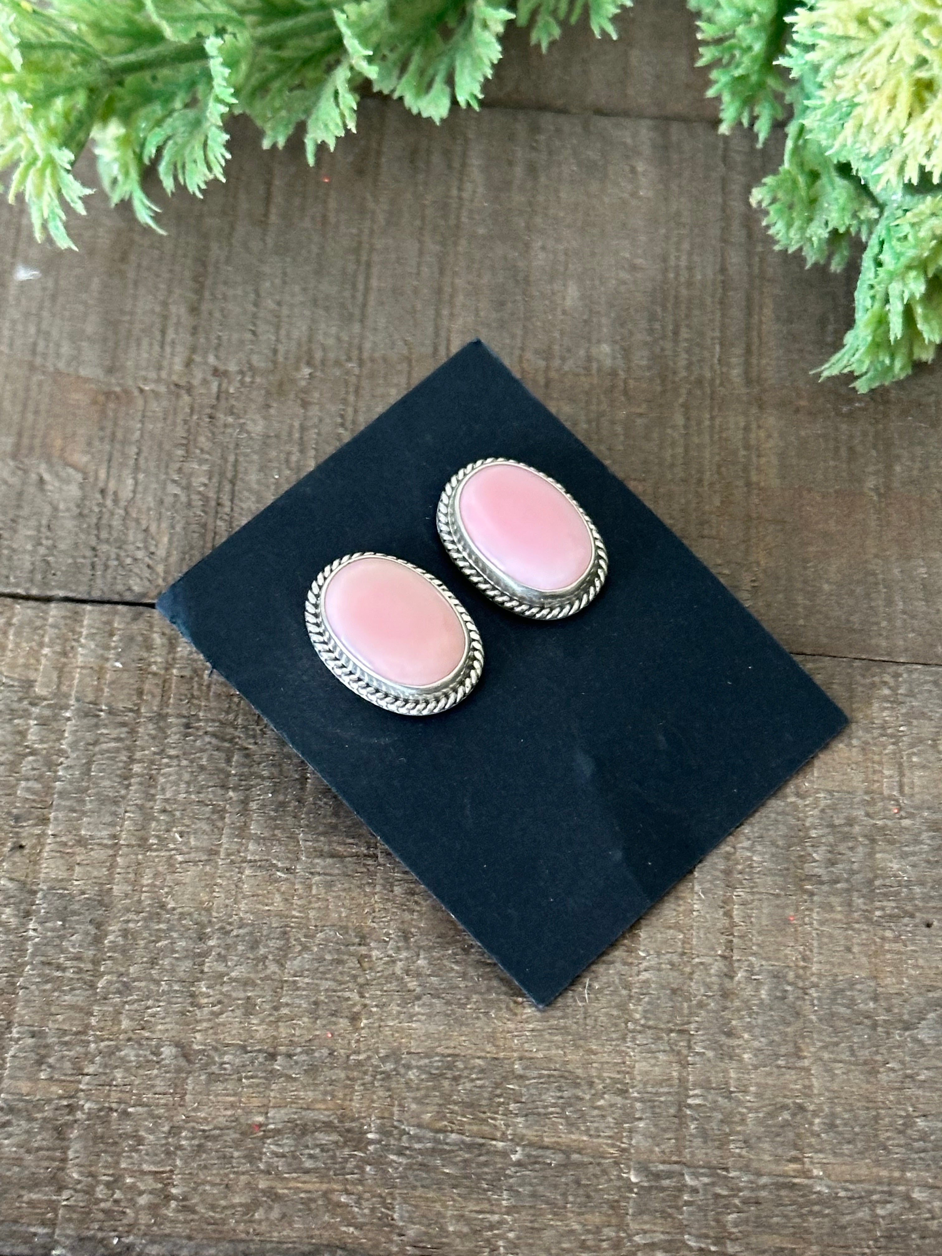 Navajo Handmade Pink Conch & Sterling Silver Post Earrings