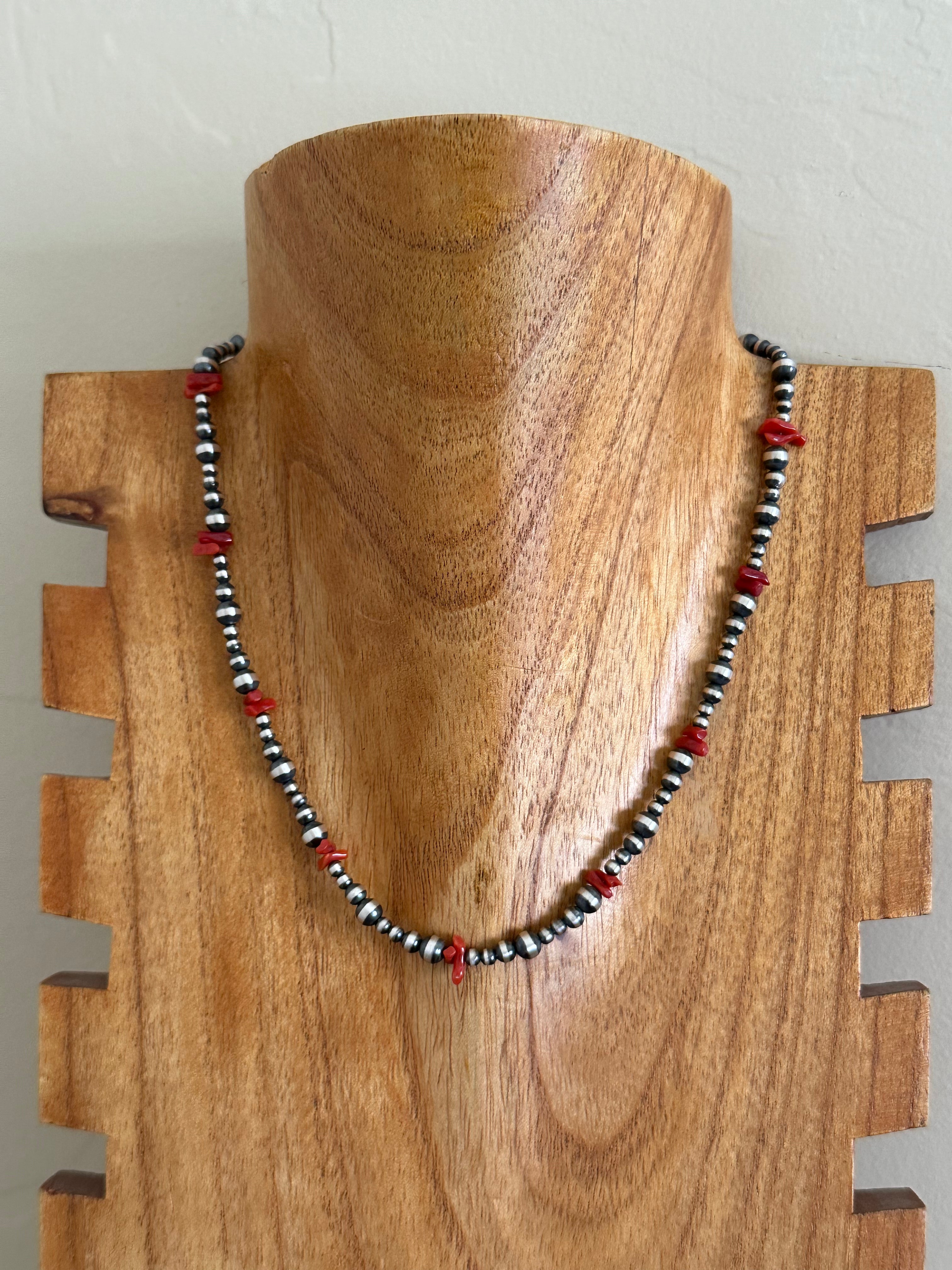 Navajo Strung Red Coral & Sterling Silver Graduated Pearls Beaded Necklace