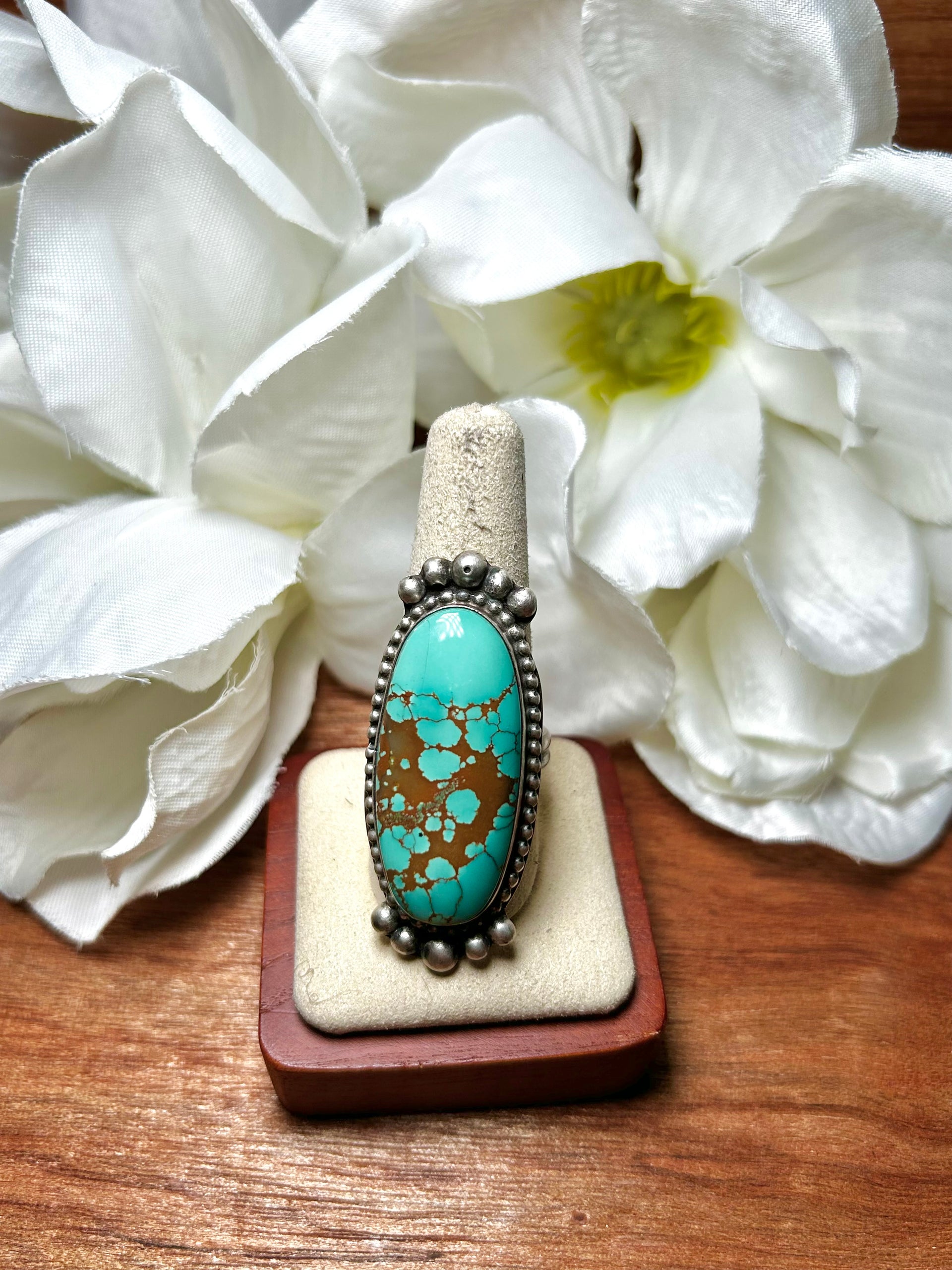Navajo Made #8 Turquoise & Sterling Silver Cluster Adjustable Ring