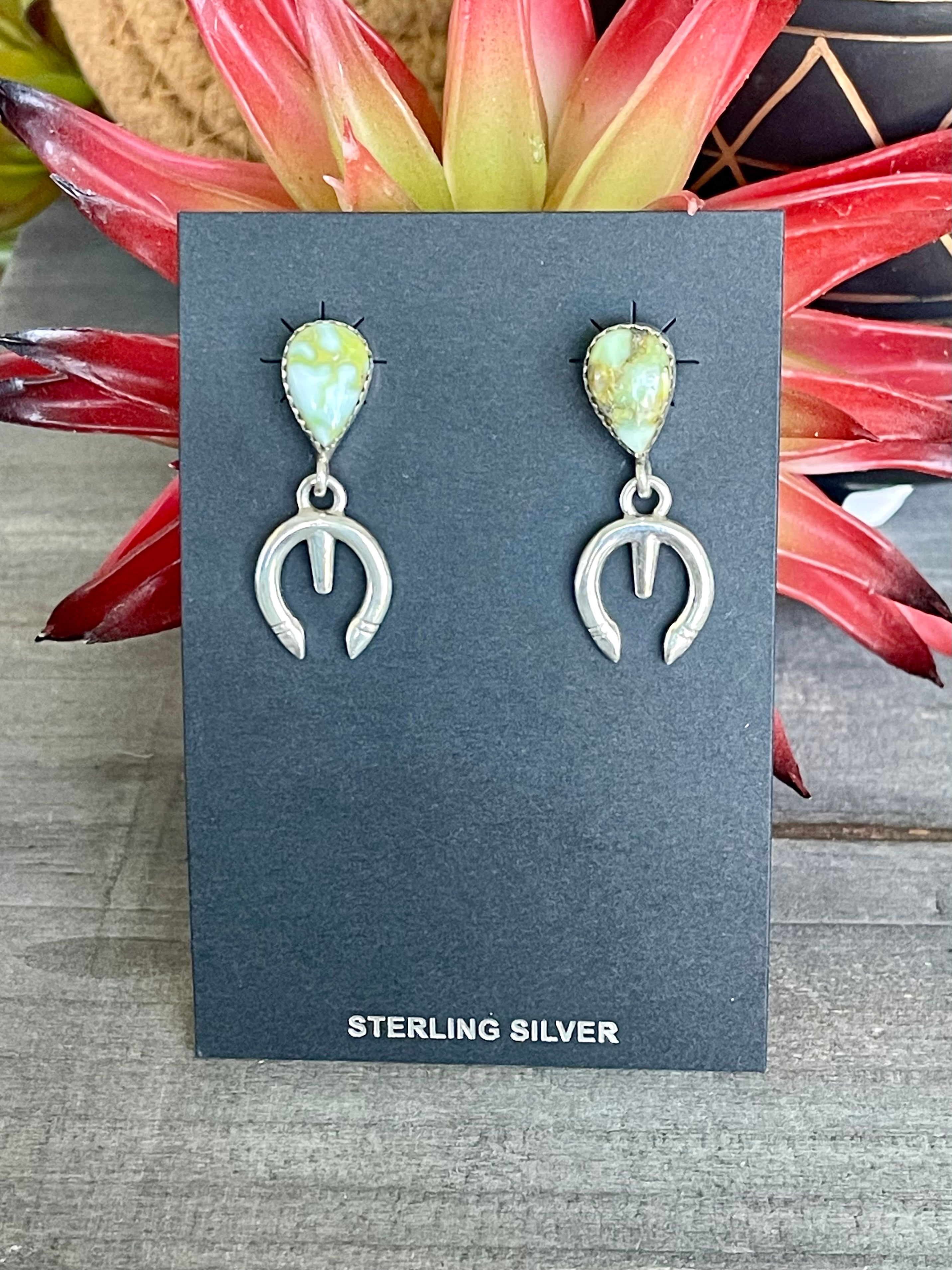 Southwest Handmade Palomino Variscite & Sterling Silver Post Dangle Naja Earrings