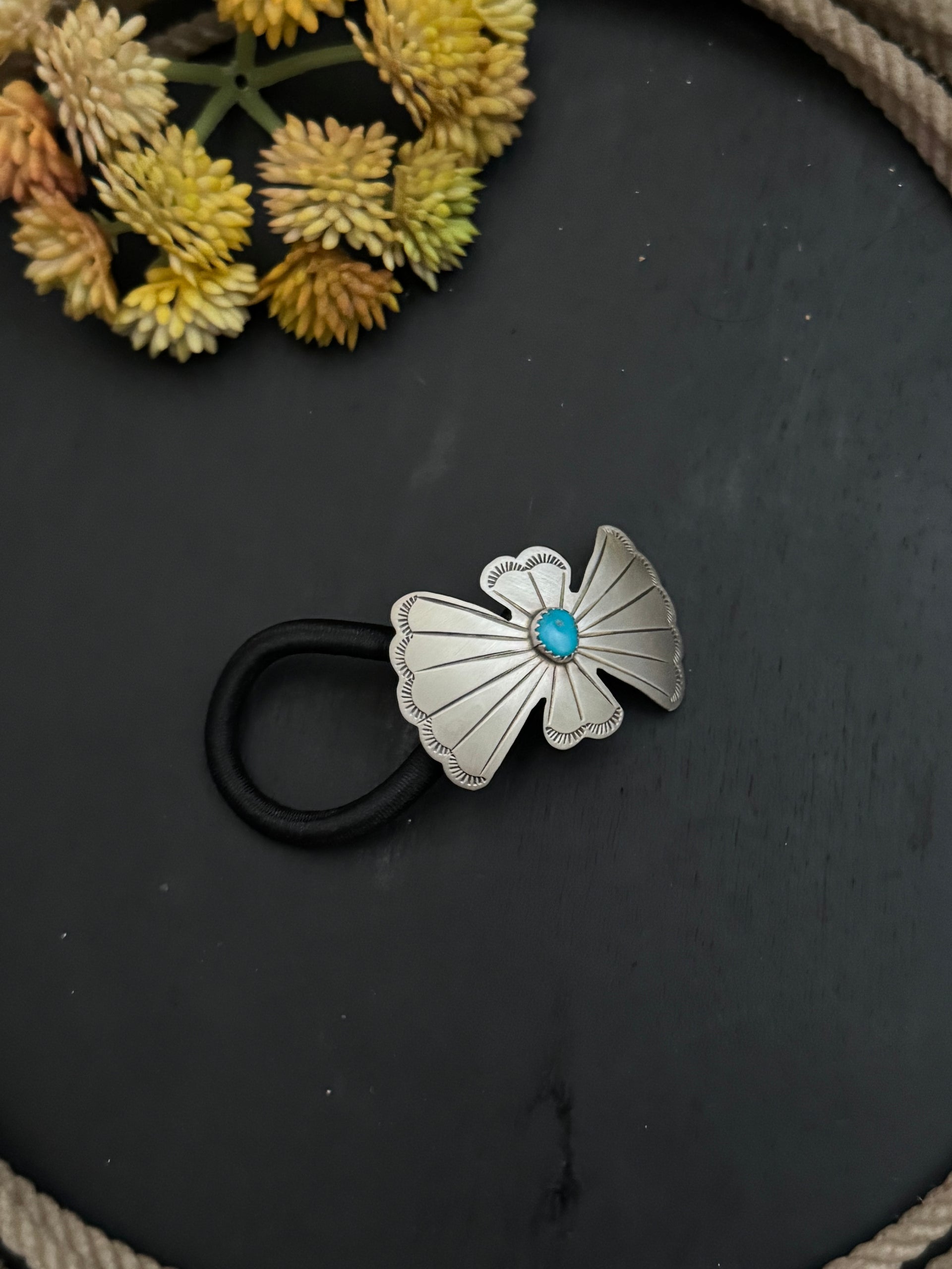 Navajo Made Kingman Turquoise & Sterling Silver Concho Ponytail Holder
