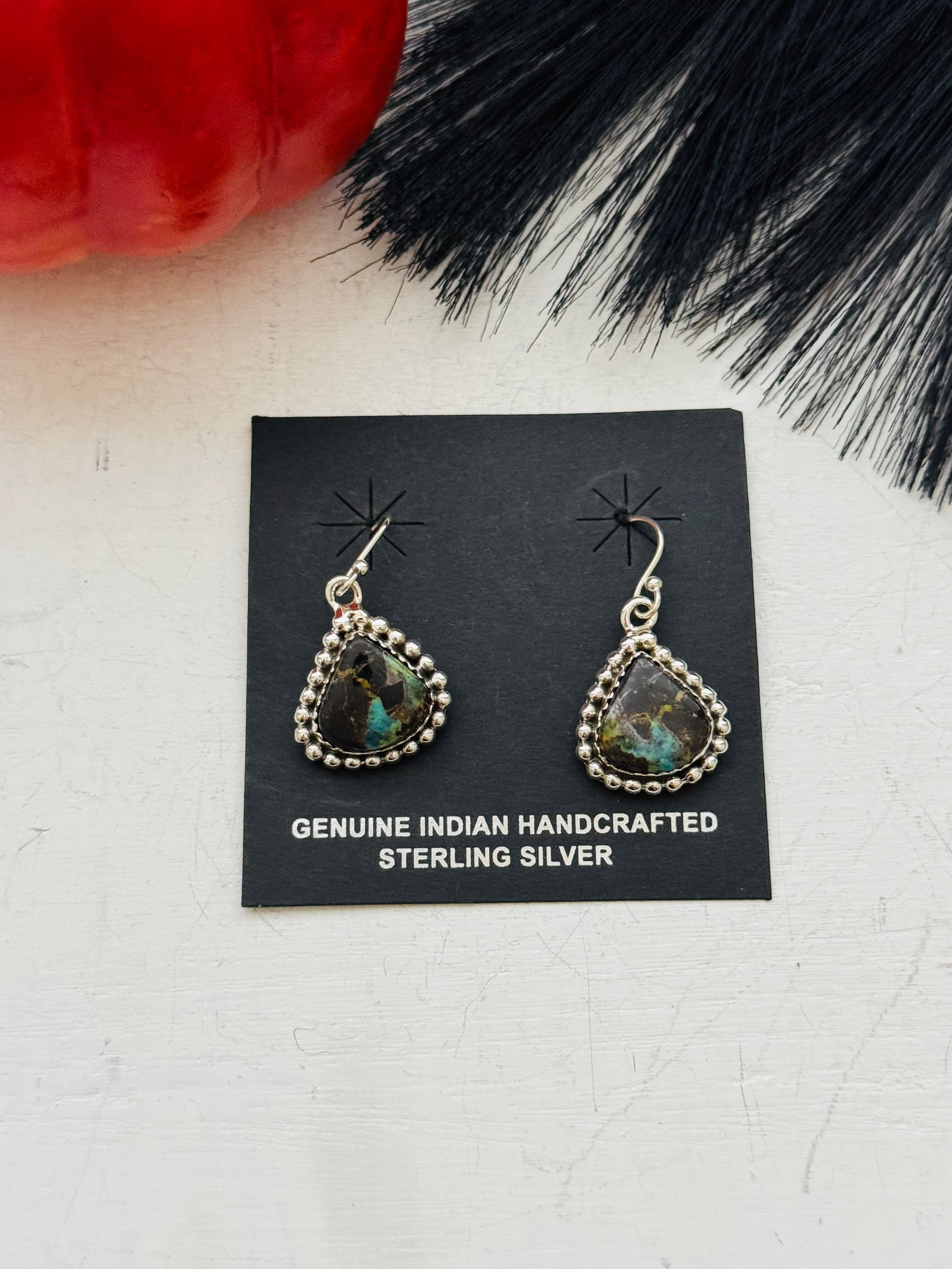 Southwest Handmade Black Jack Turquoise & Sterling Silver Dangle Earrings