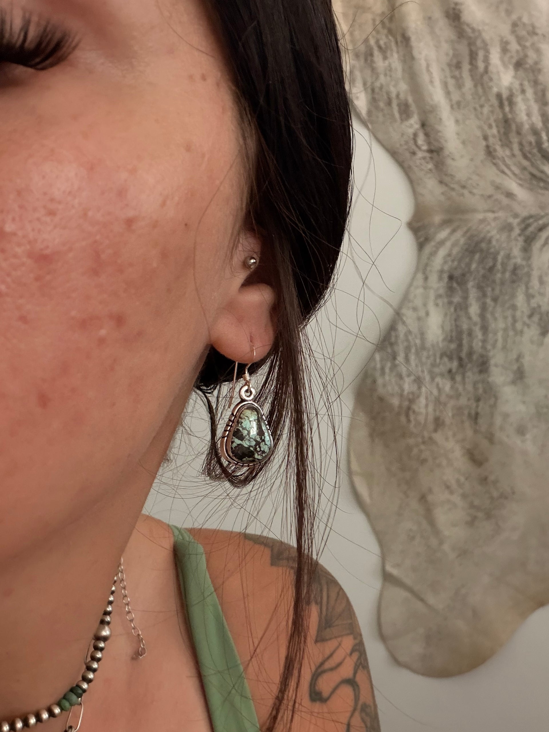 Navajo Made Black Jack Turquoise & Sterling Silver Dangle Earrings