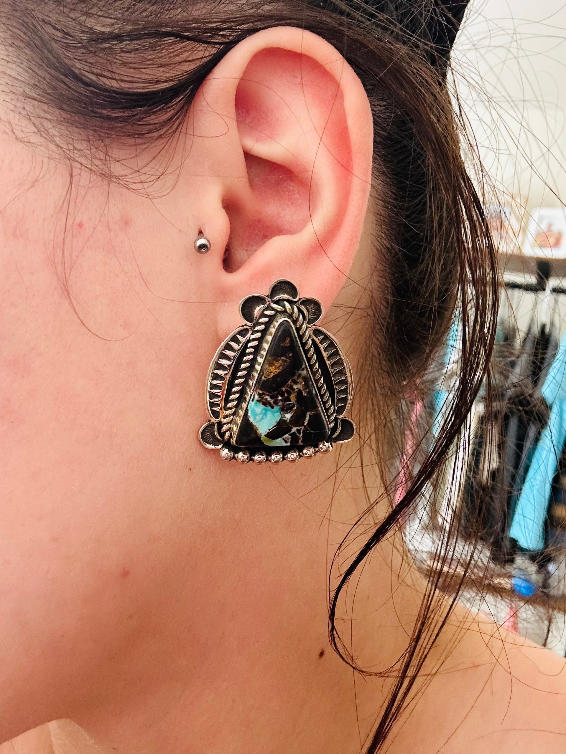 Alex Sanchez Black Jack Turquoise & Sterling Silver Post Earrings