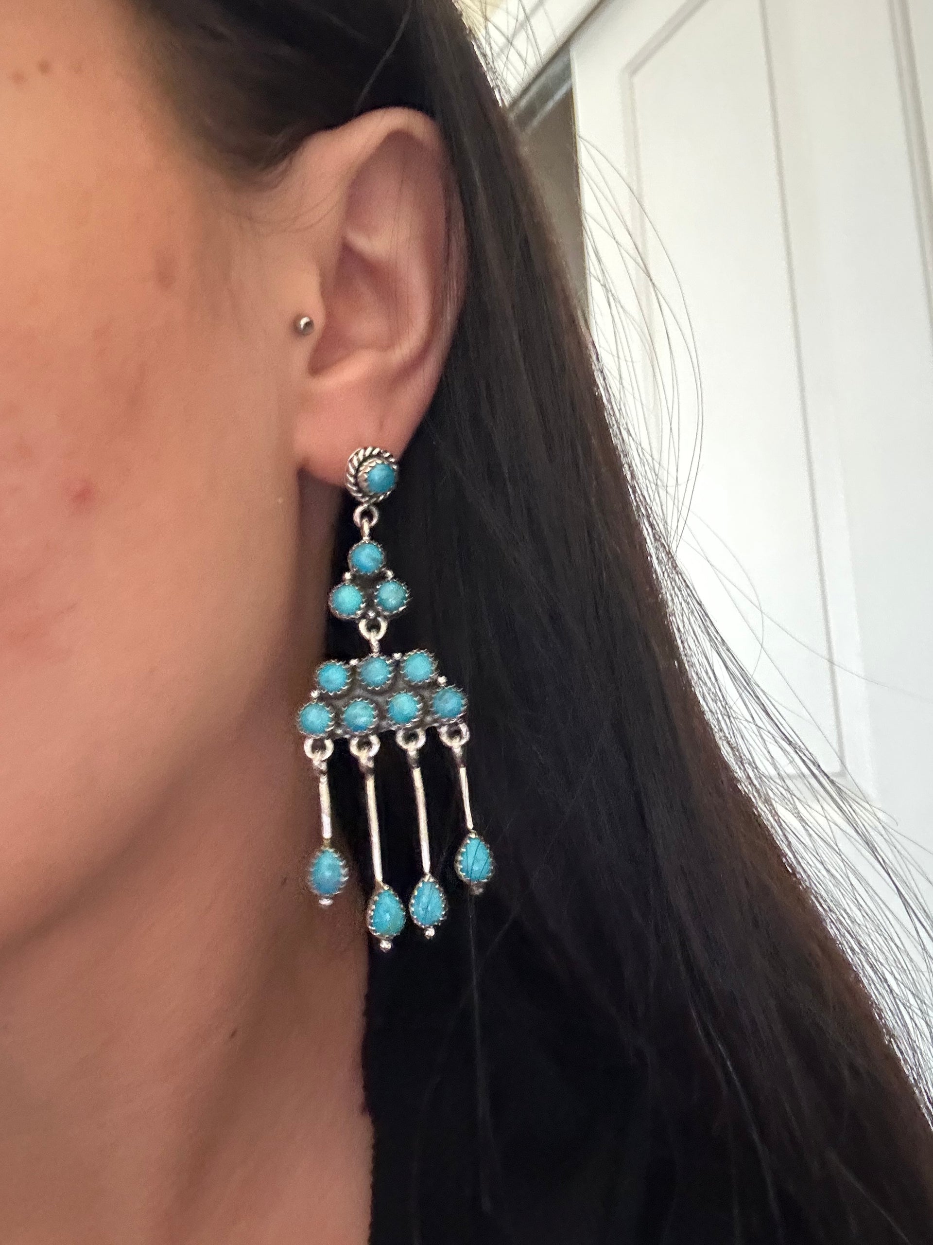 Southwest Handmade Kingman Turquoise & Sterling Silver Post Dangle Cluster Earrings