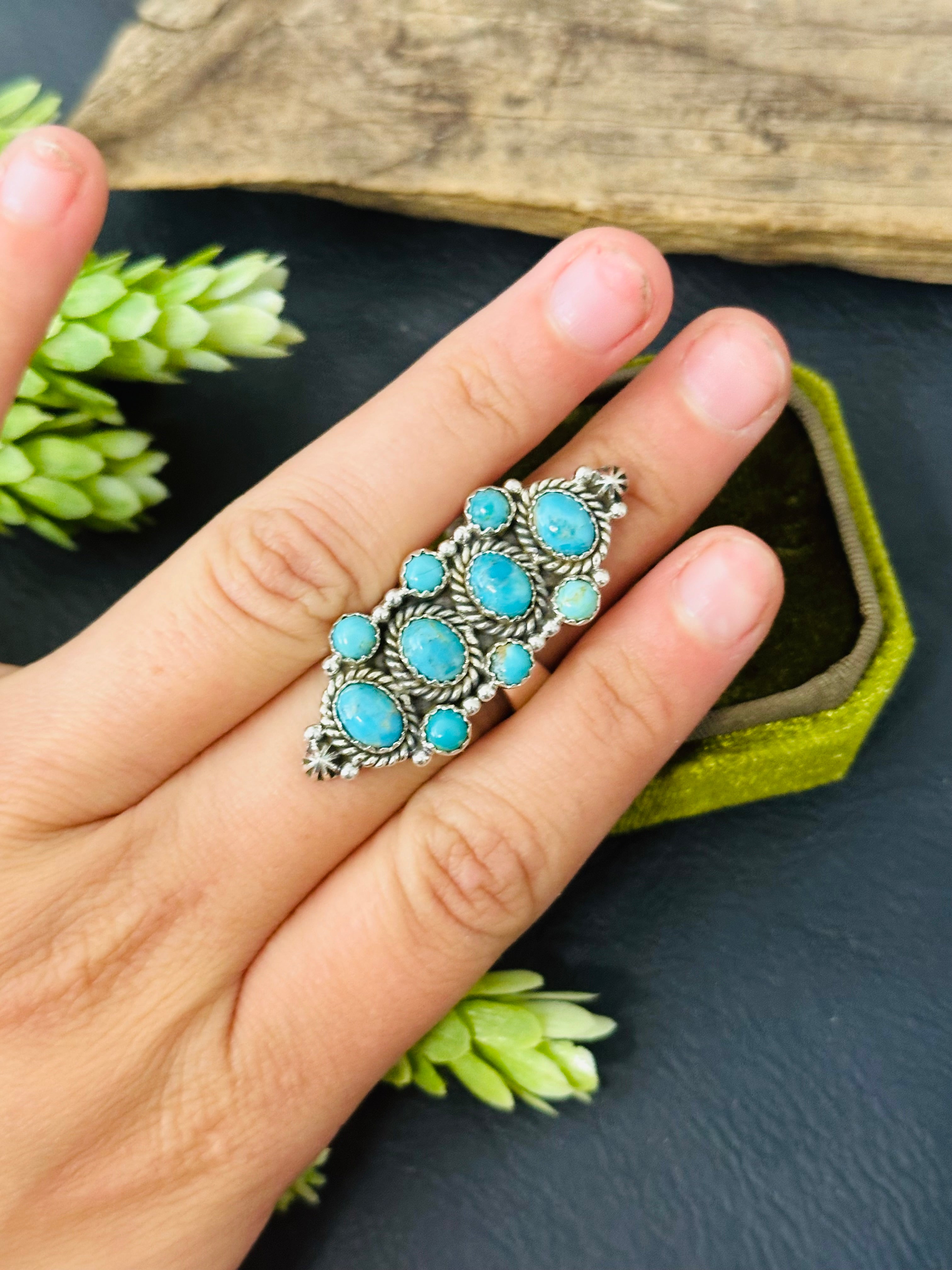 Southwest Handmade Kingman Turquoise & Sterling Silver Adjustable Cluster Ring