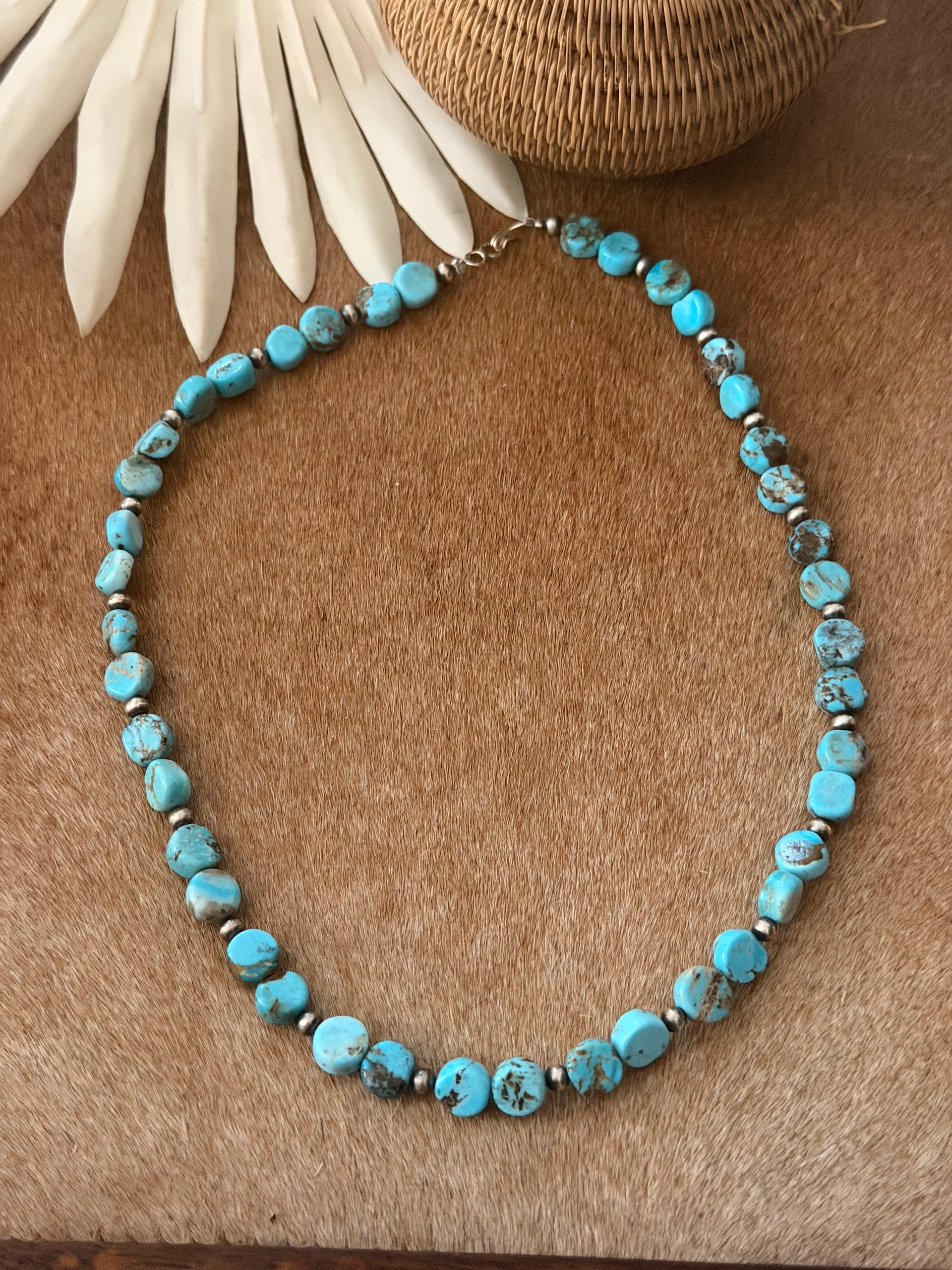 Navajo Strung Pilot Mountain Turquoise & Sterling Silver Pearl Beaded Necklace