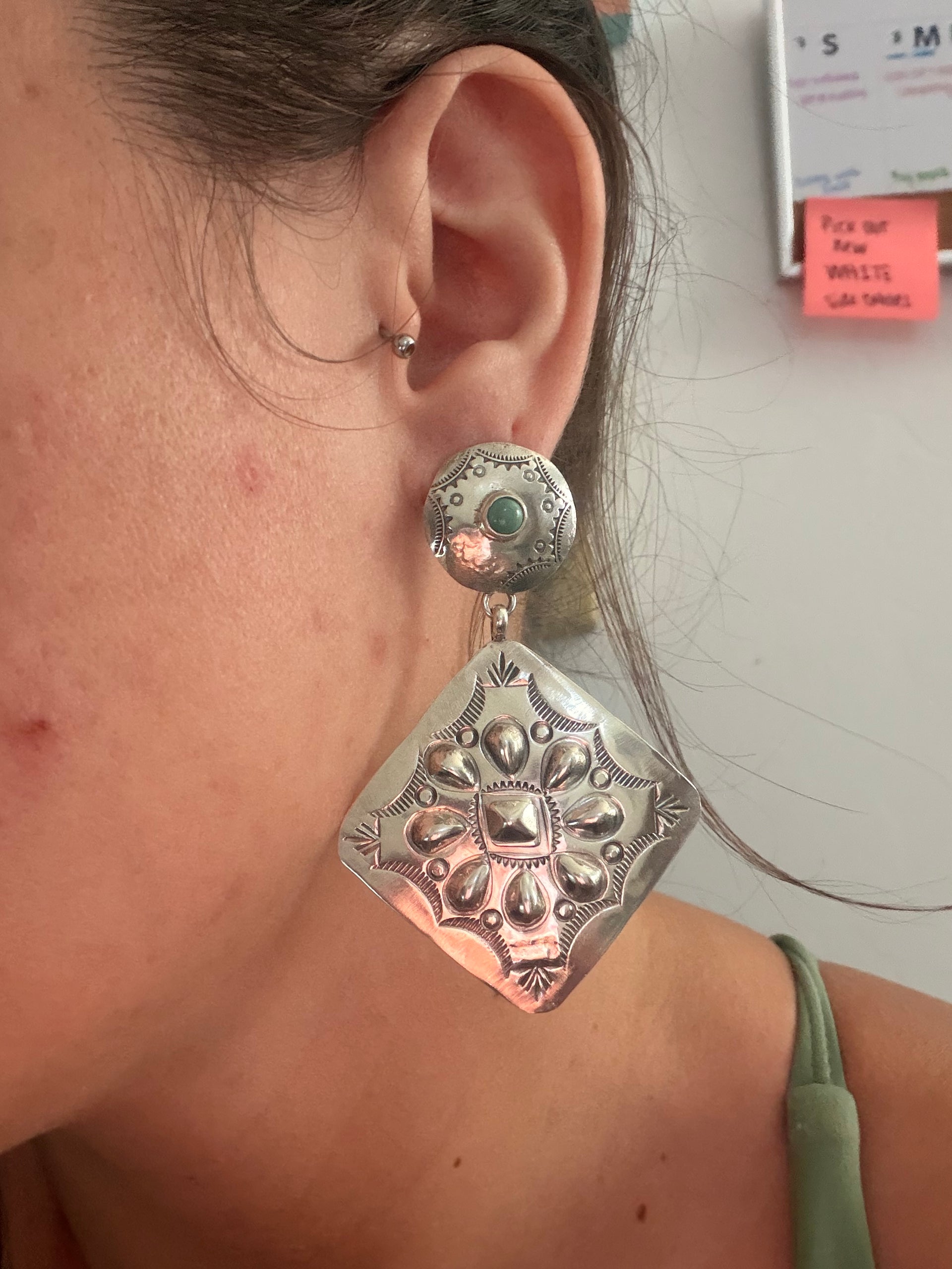 Navajo Made Kingman Turquoise & Sterling Silver Concho Post Dangle Earrings