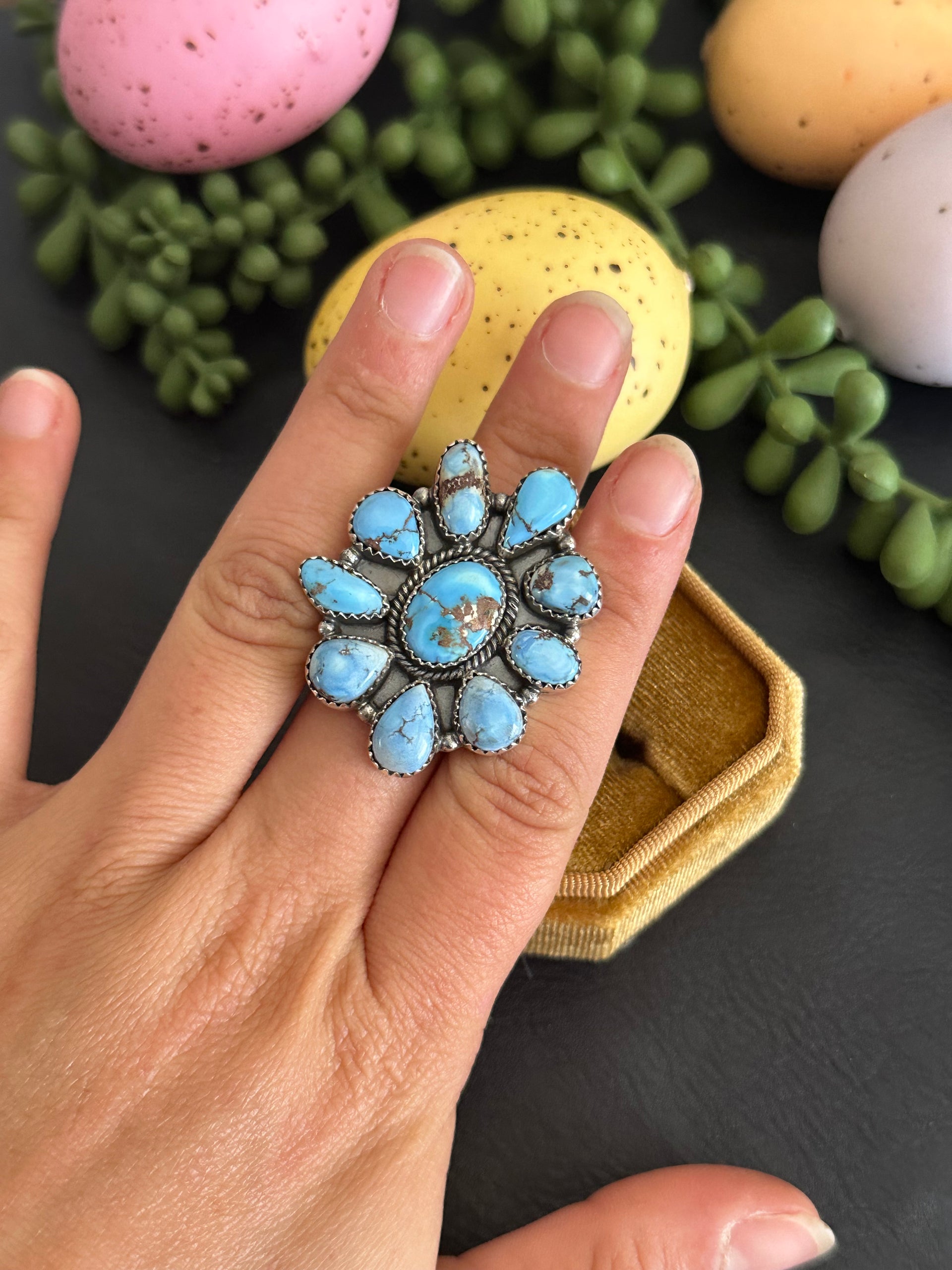 Southwest Handmade Golden Hills Turquoise & Sterling Silver Adjustable Cluster Ring