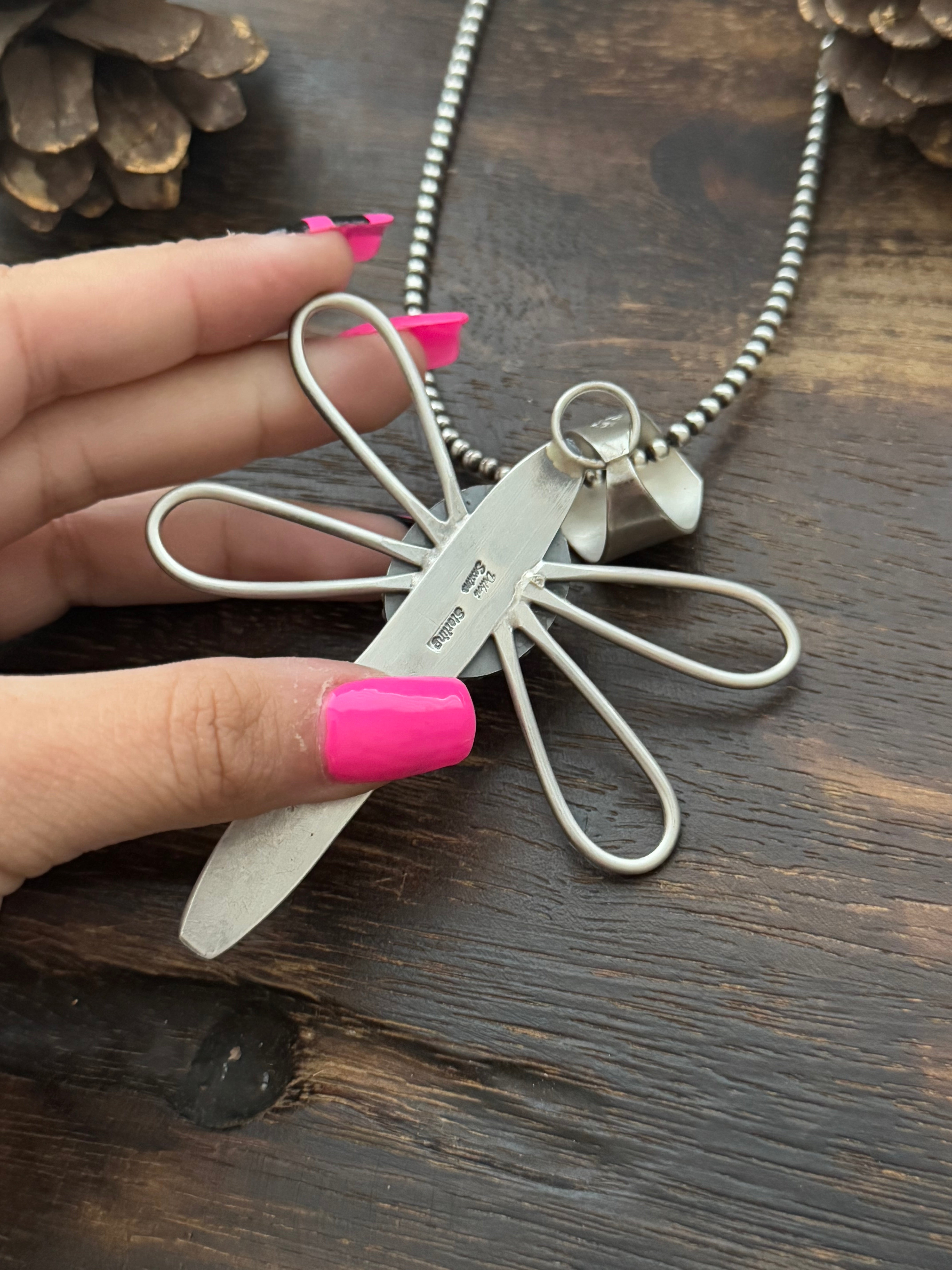 Delbert Secatero Purple Spiny Oyster & Sterling Silver Dragonfly Pendant