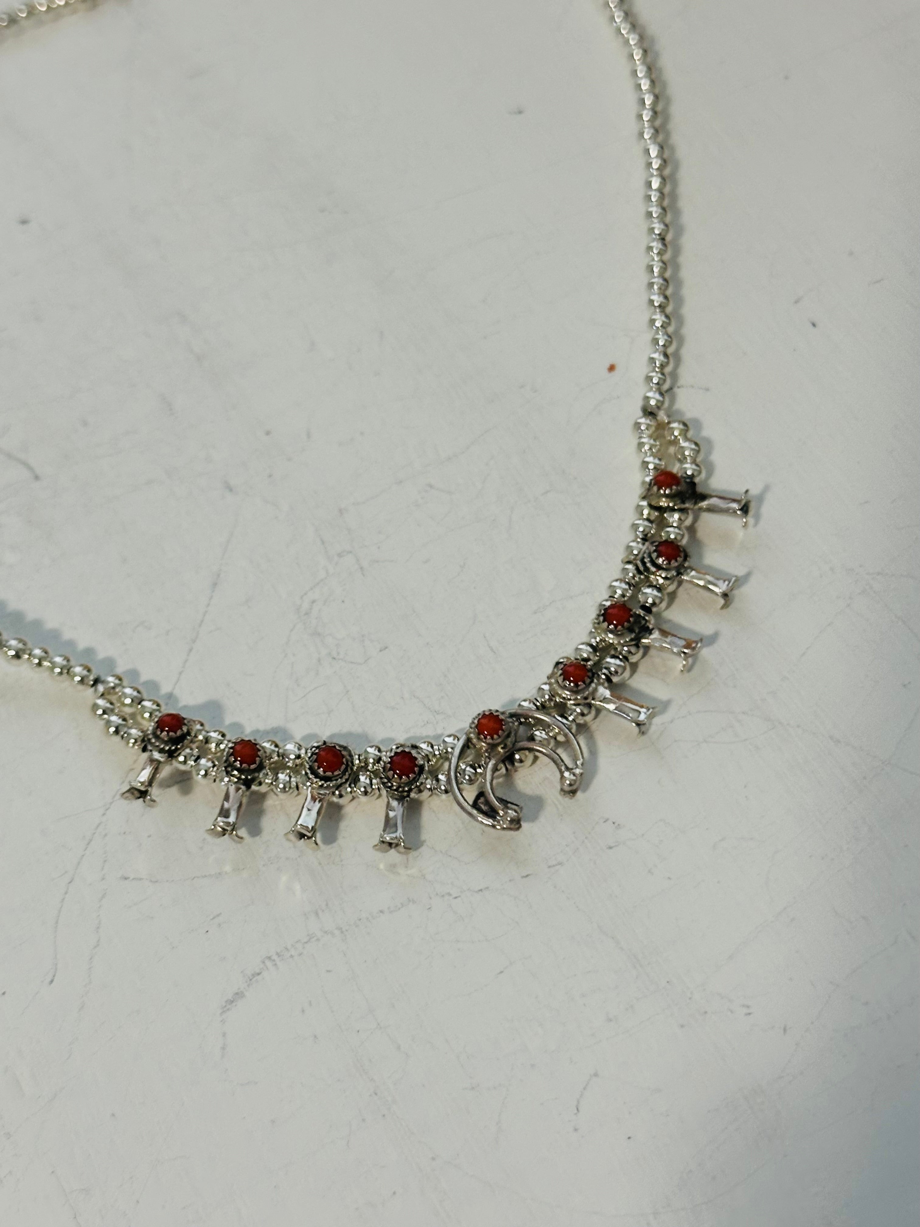 Navajo Made Coral & Sterling Silver Mini Squash Blossom Necklace