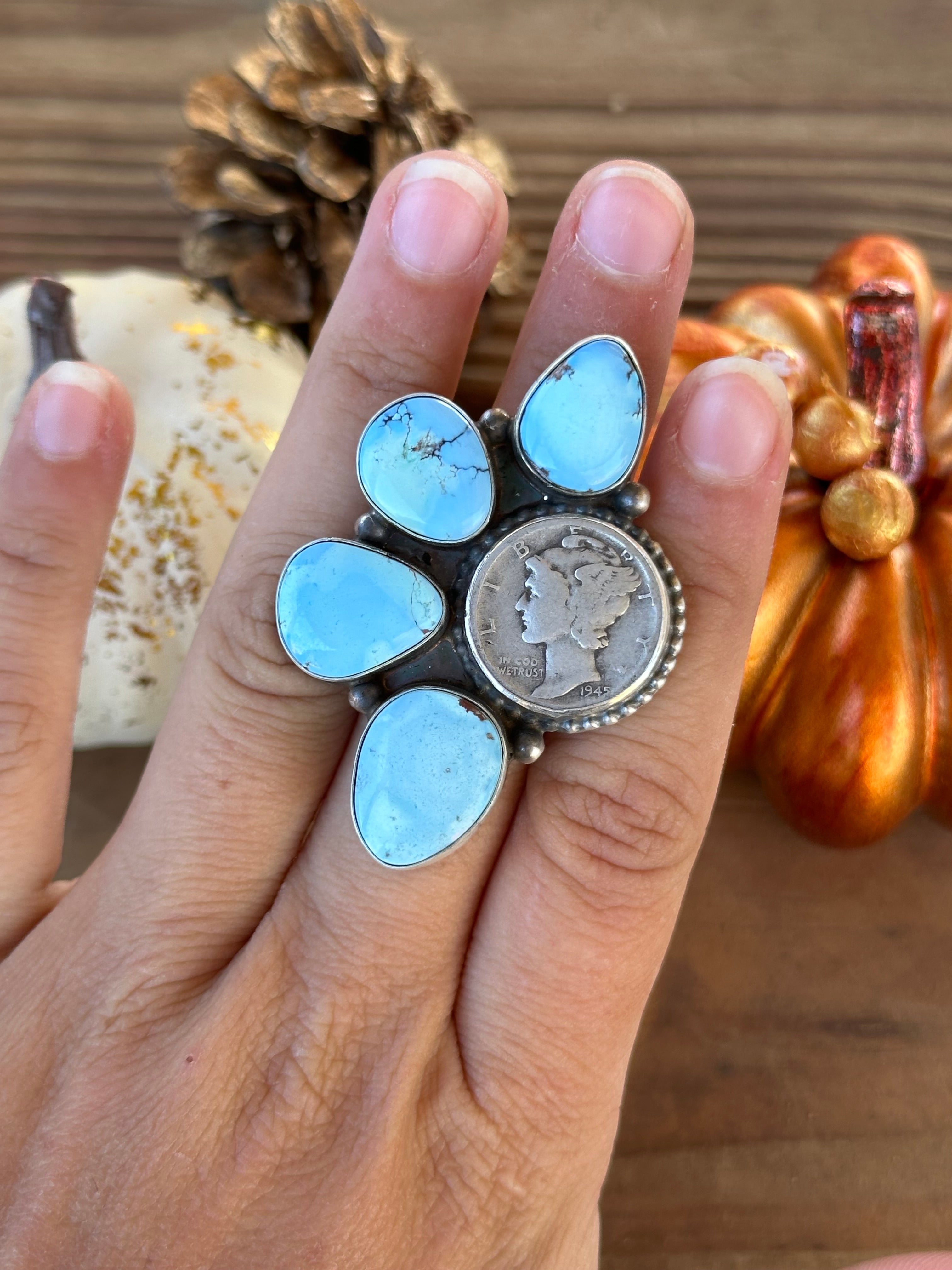 Navajo Made Golden Hills Turquoise & Sterling Silver Cluster Ring Size 6.25