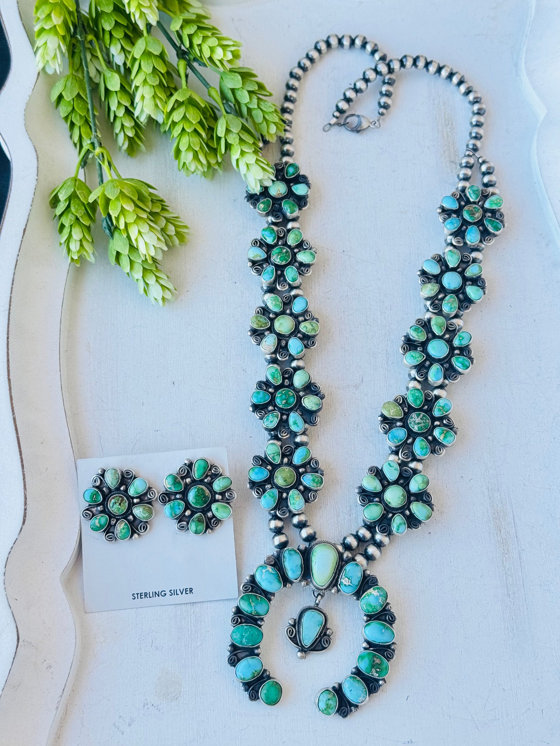 Travis J. Sonoran Mountain Turquoise & Sterling Silver Cluster Squash Necklace Set