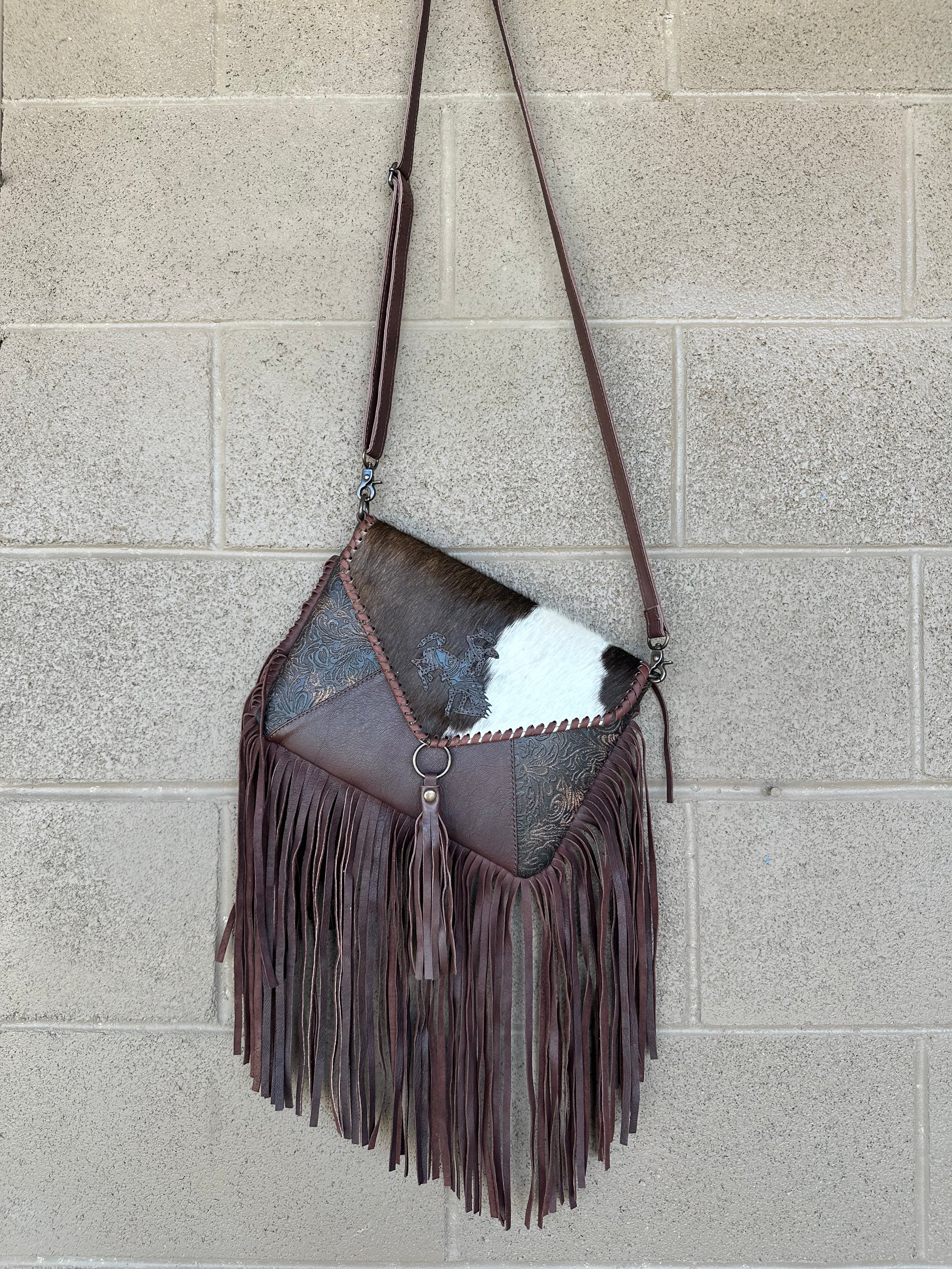 Genuine Tooled Leather & Cowhide Fringe Purse