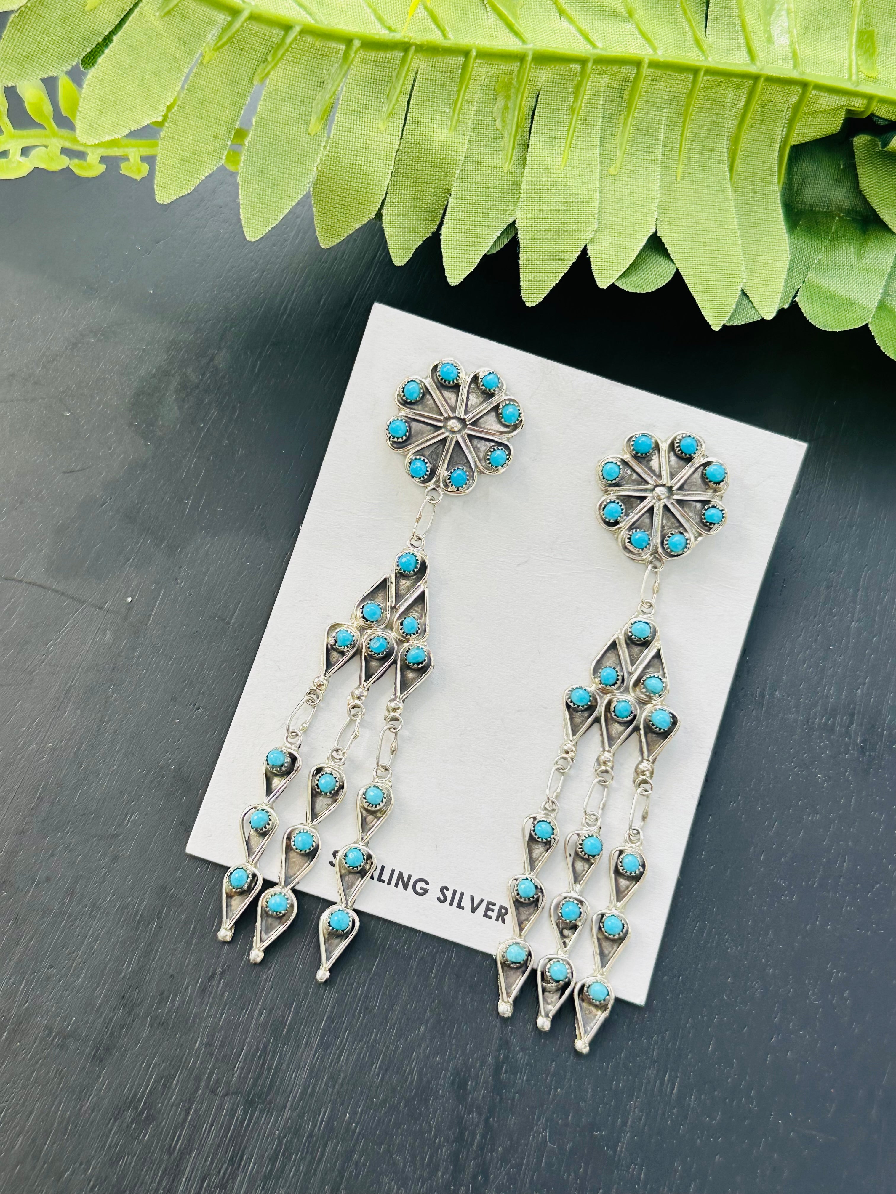 Zuni Made Turquoise Petite Point & Sterling Silver Post Dangle Earrings