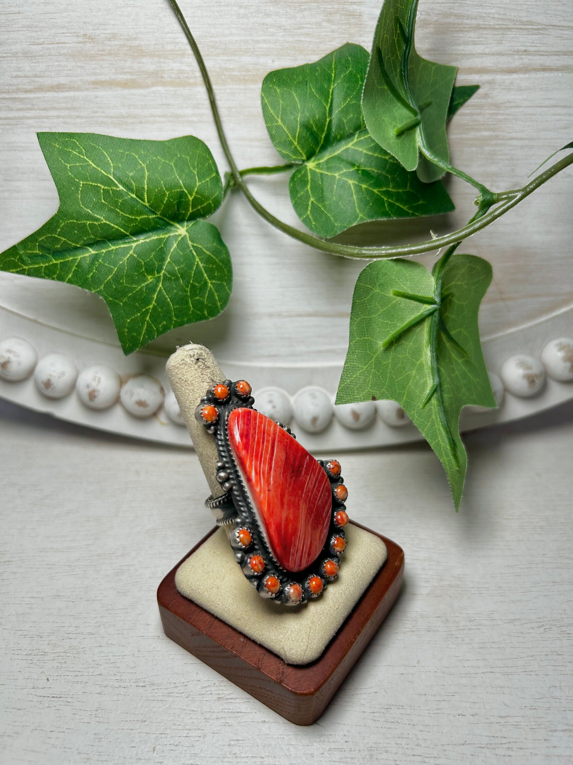 Navajo Made Spiny Oyster  & Sterling Silver Ring Size 10.25