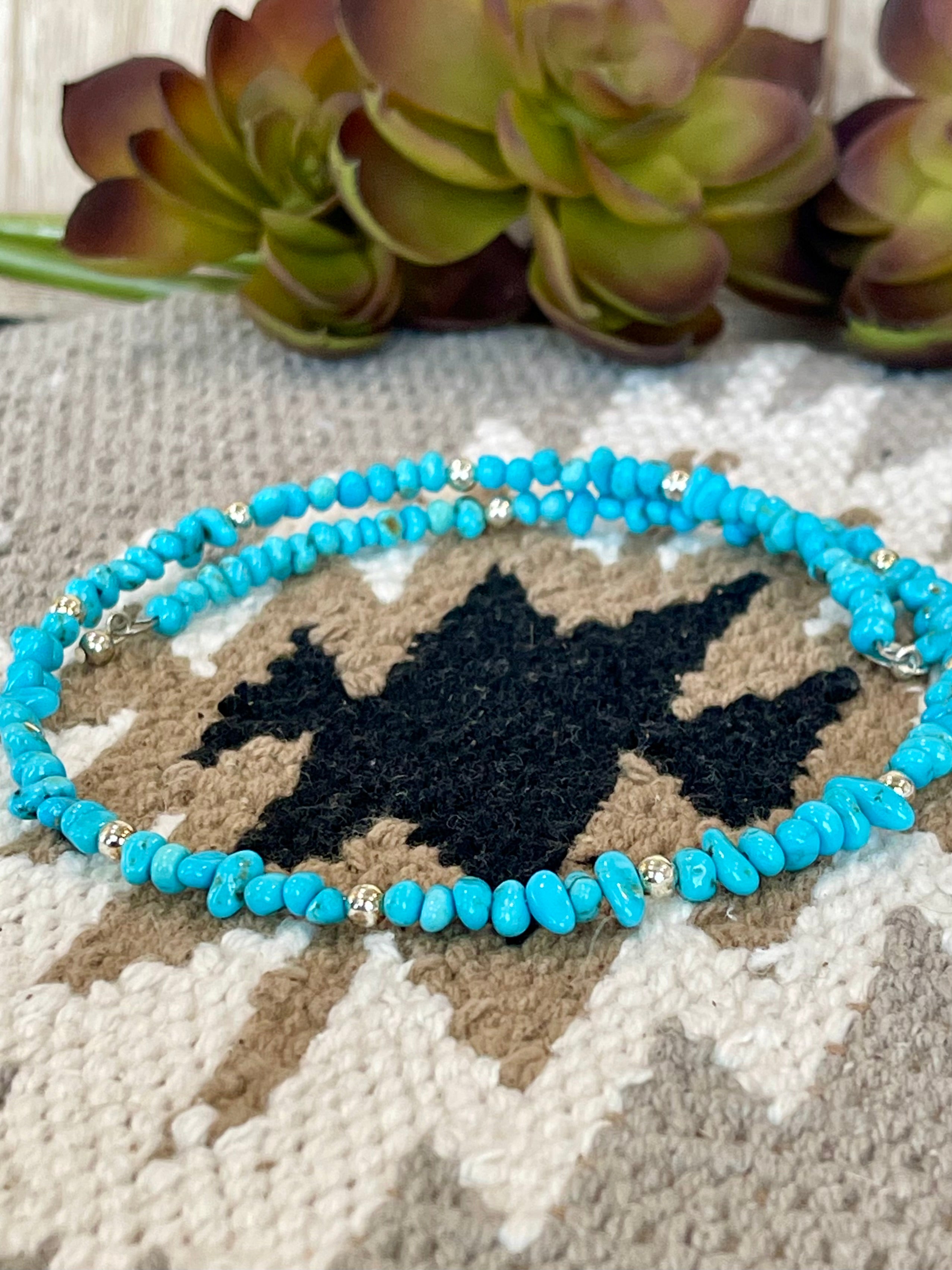 Southwest Handmade Kingman Turquoise & Sterling Silver Adjustable Beaded Choker Necklace