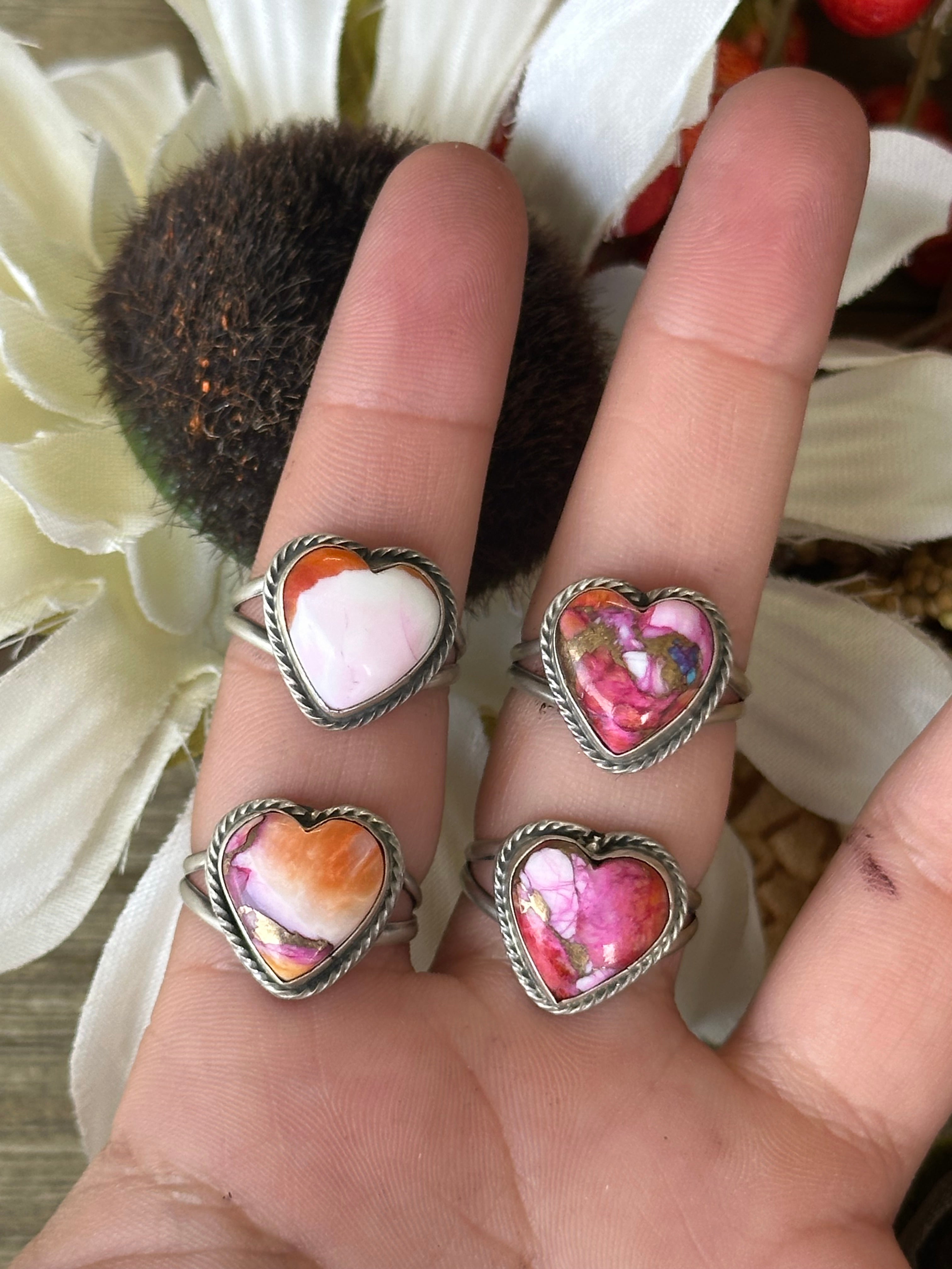 Navajo Made Pink Mohave Turquoise & Sterling Silver Heart Ring