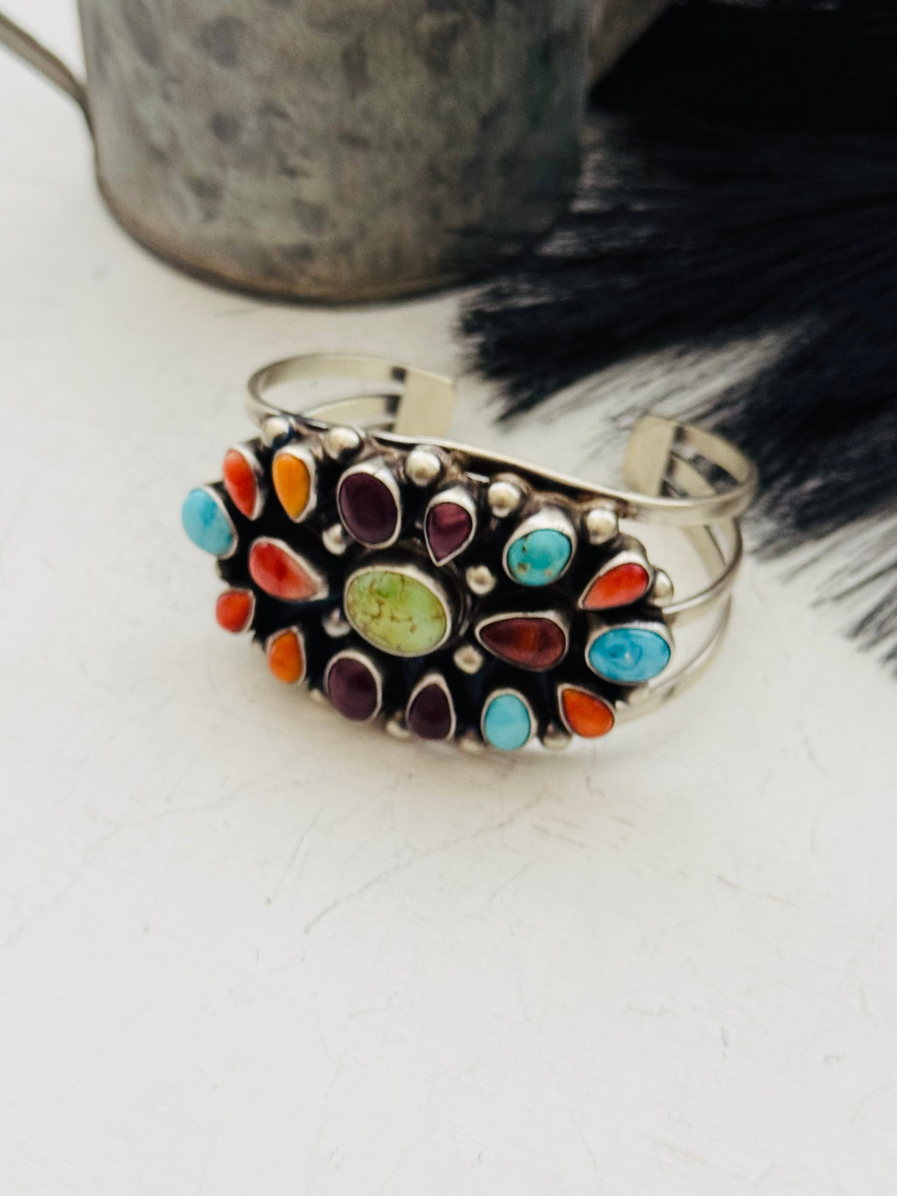 Kathleen Chavez Multi Stone & Sterling Silver Cluster Cuff Bracelet