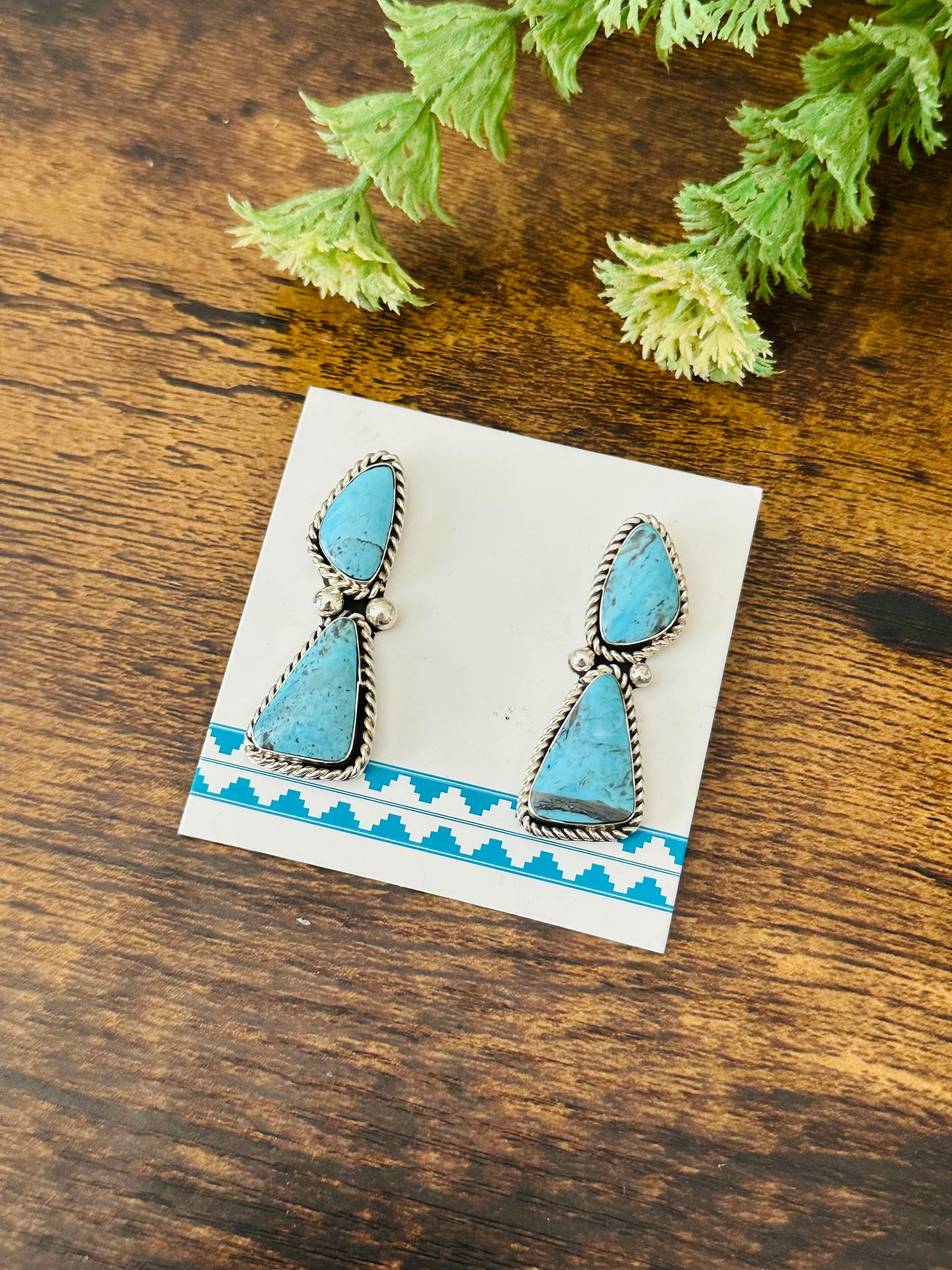 Navajo Handmade Kingman Turquoise & Sterling Silver Post Dangle Earrings