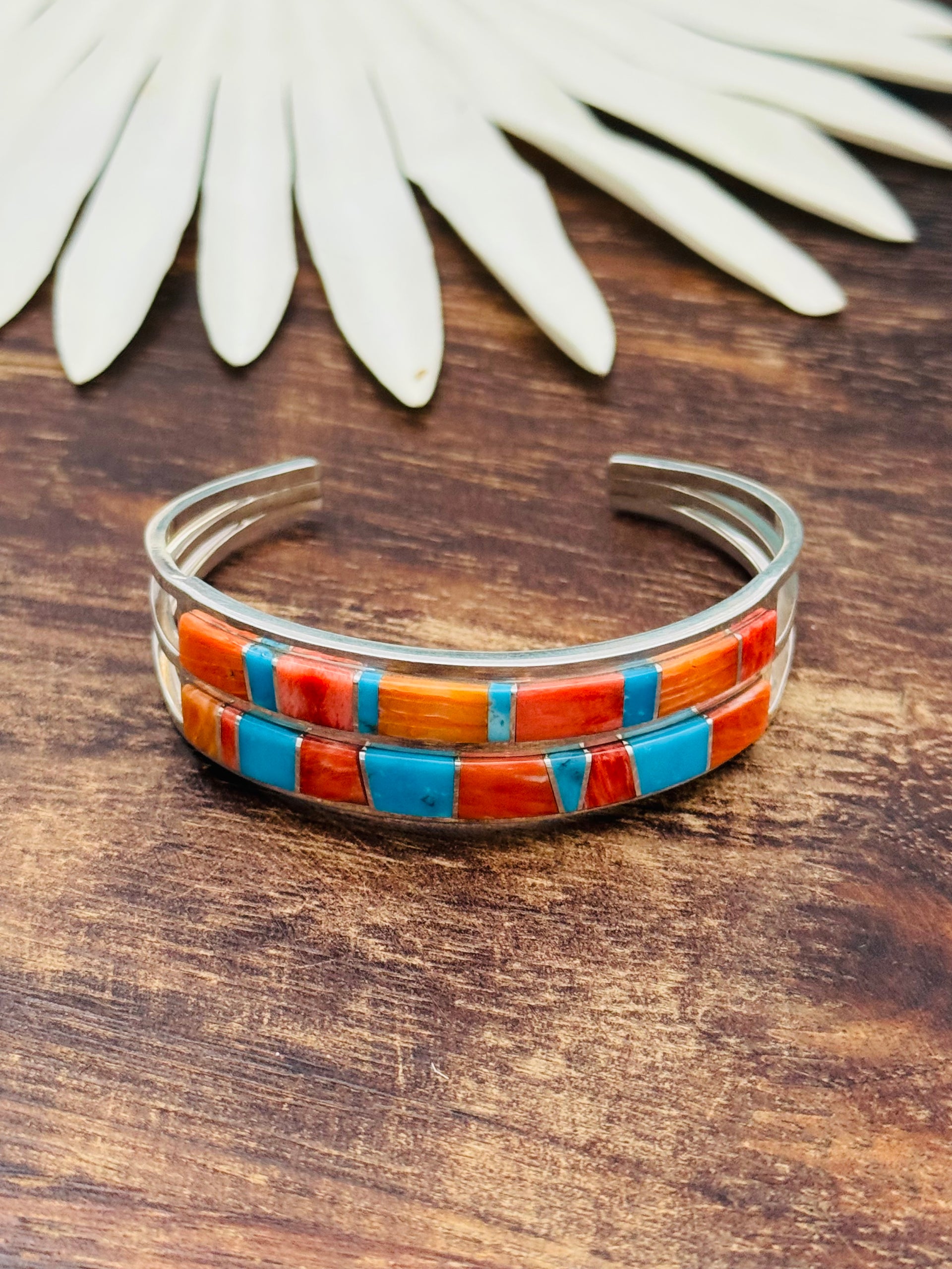 Navajo Made Multi Stone & Sterling Silver Inlay Cuff Bracelet
