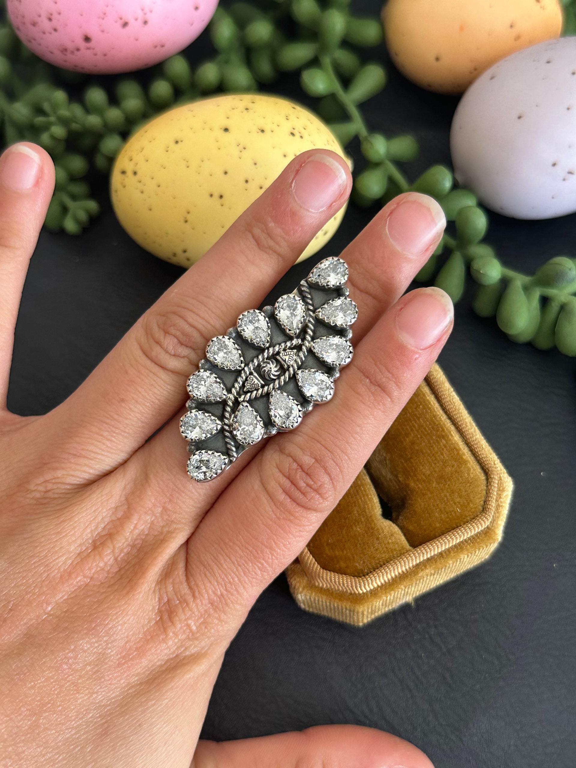 TTD “Twin Flame” Cubic Zirconia& Sterling Silver Adjustable Cluster Ring
