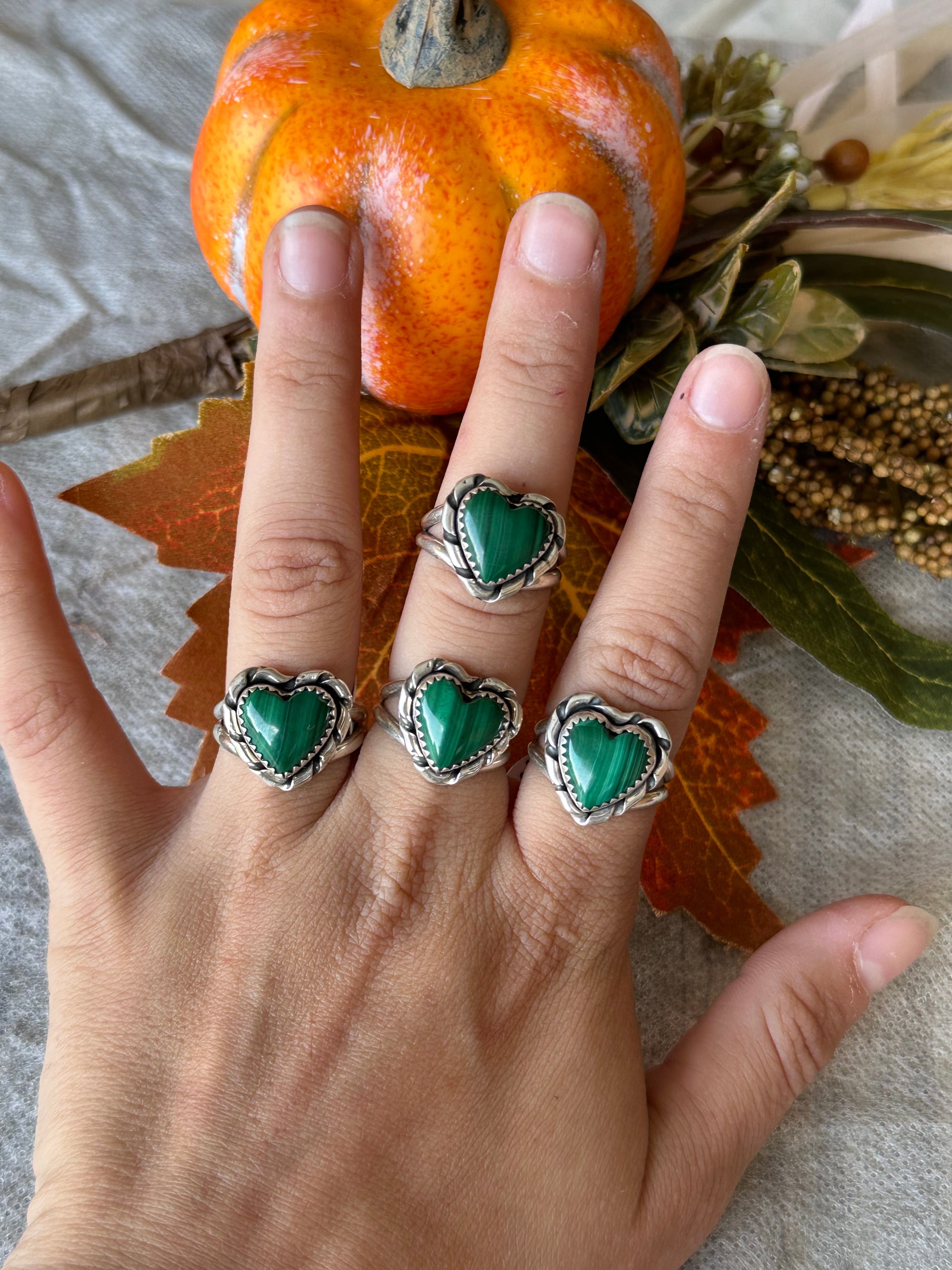 Navajo Made Malachite & Sterling Silver Heart Ring