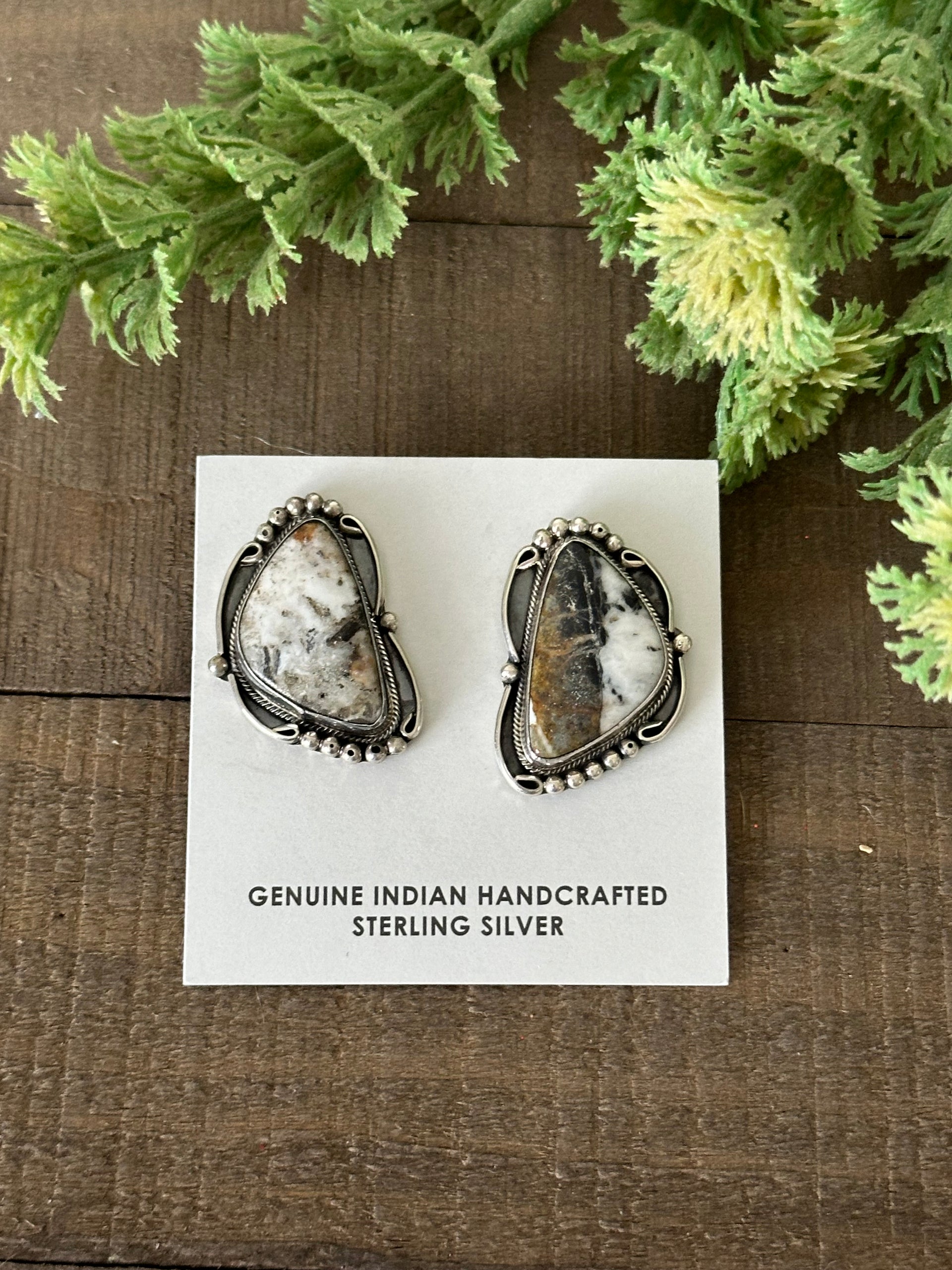 Navajo Made White Buffalo & Sterling Silver Post Dangle Earrings