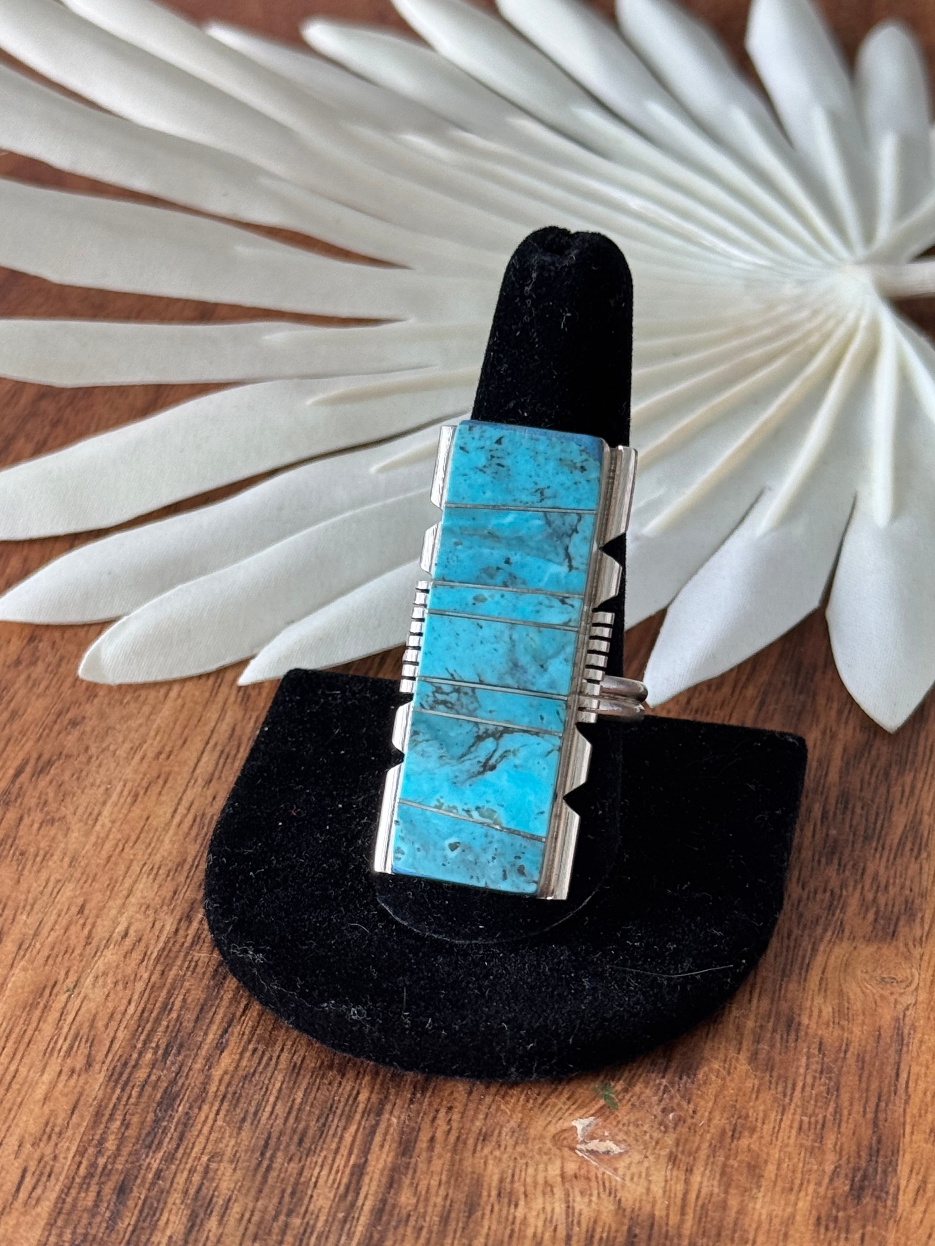 Navajo Made Kingman Turquoise & Sterling Silver Inlay Adjustable Ring