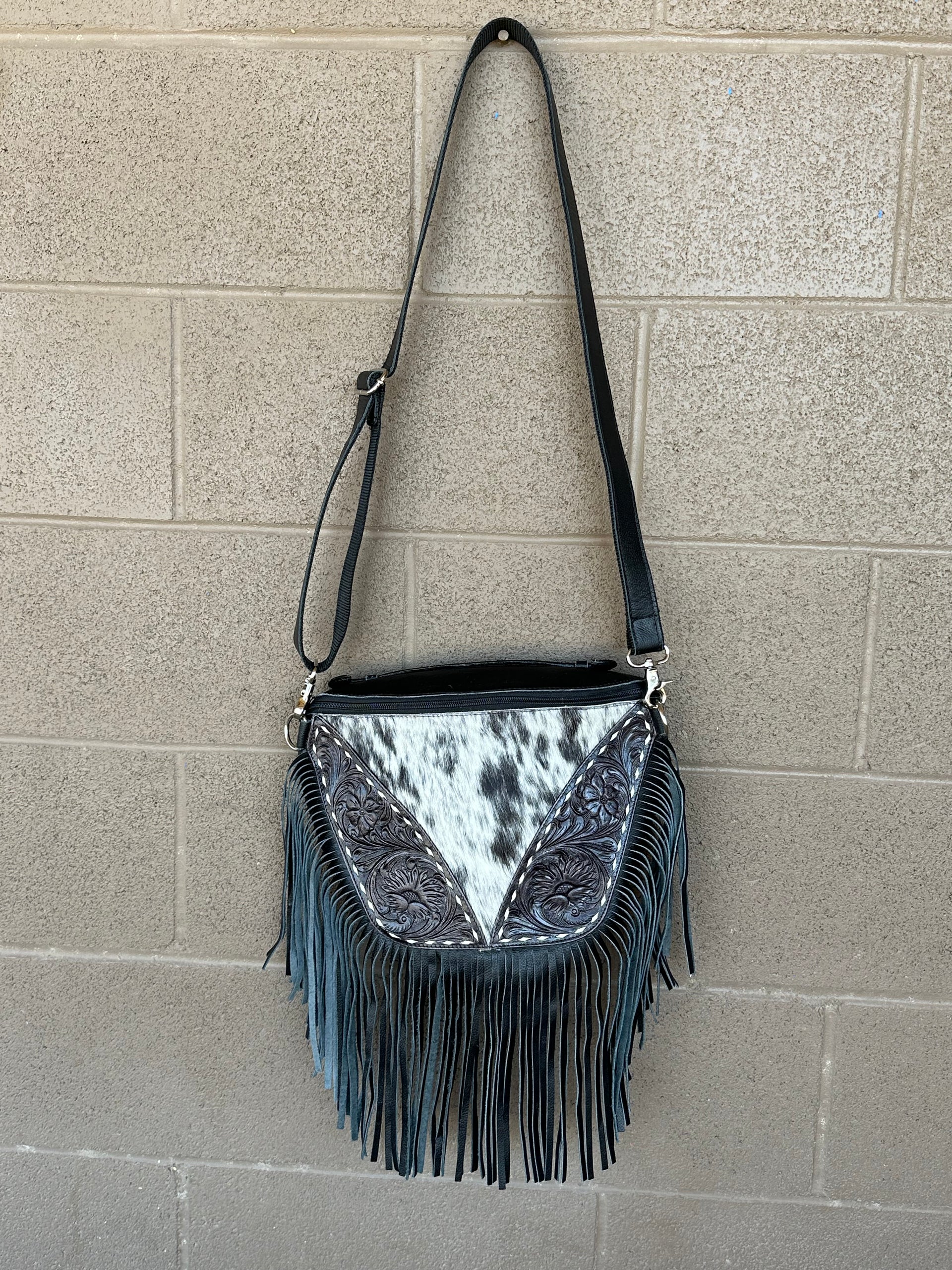 Genuine Tooled Leather & Cowhide Fringe Purse