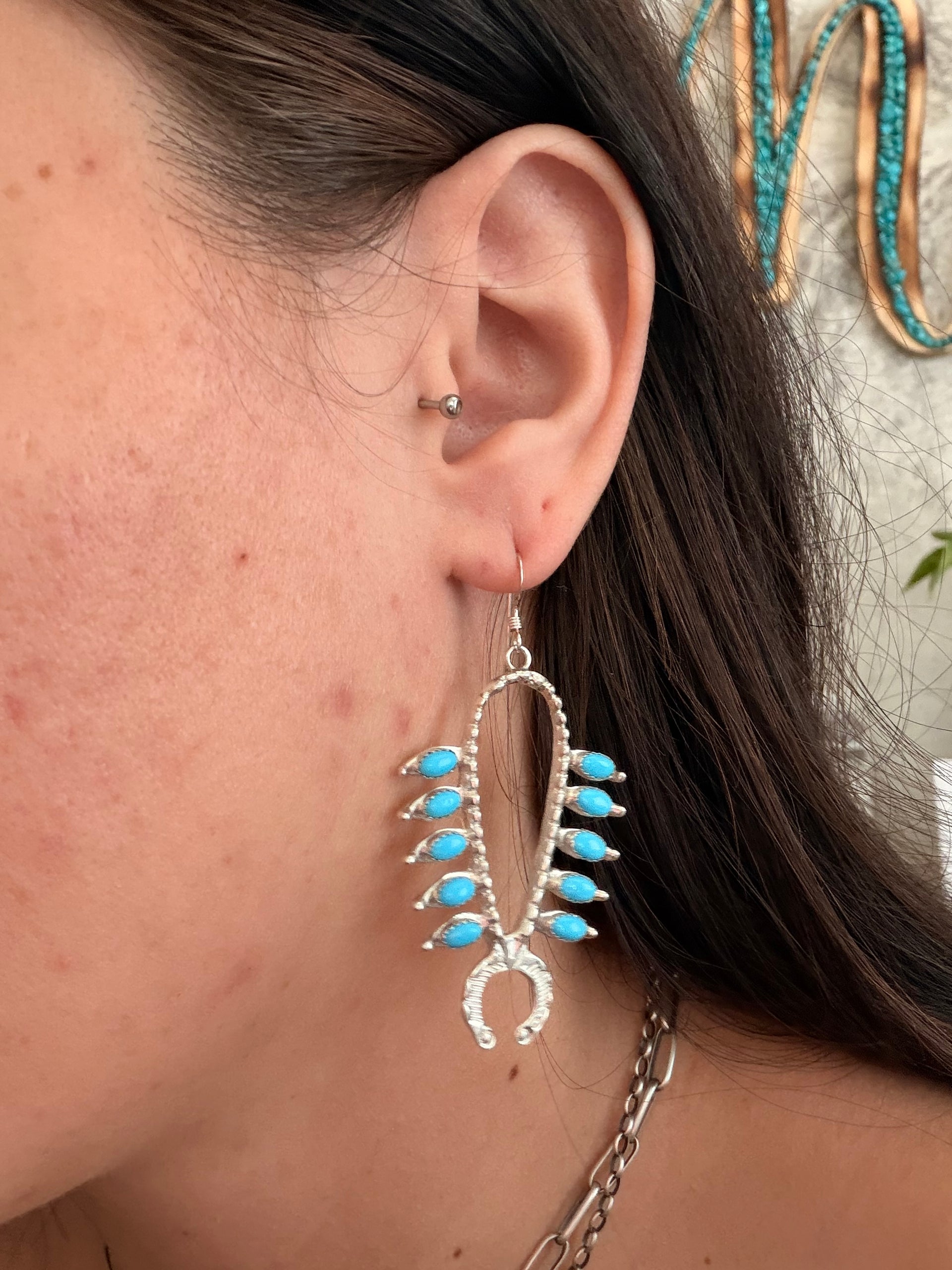 Navajo Made Kingman Turquoise & Sterling Silver Cluster Dangle Squash Blossom Earrings